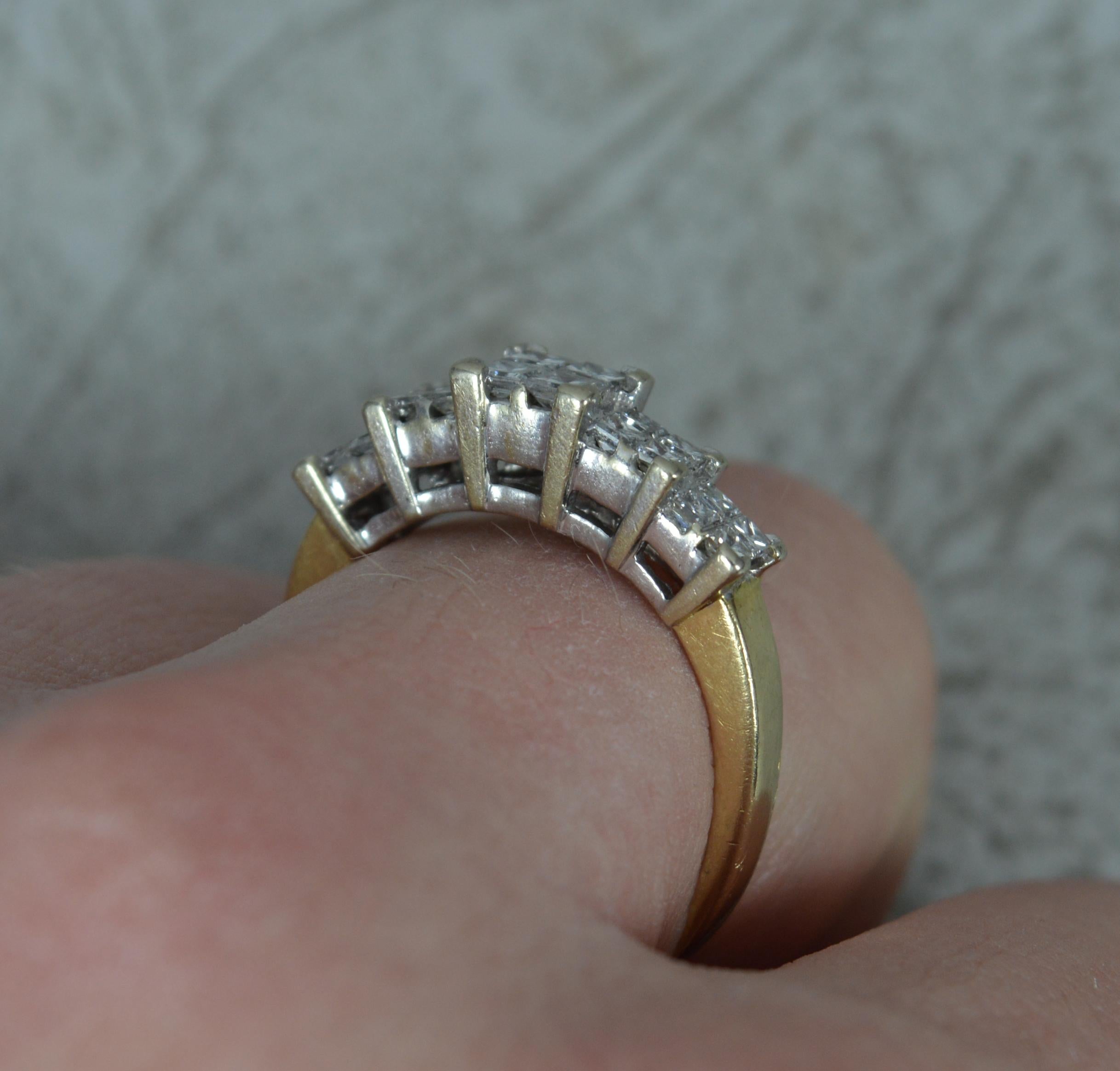 A 14 carat gold and diamond ring.
​14 carat yellow gold shank and white gold head setting.
Designed with five clusters of four princess cut diamonds. To total 1.00 carats approx.
20mm spread of stones. Protruding 5.5mm off the finger, 

CONDITION ;
