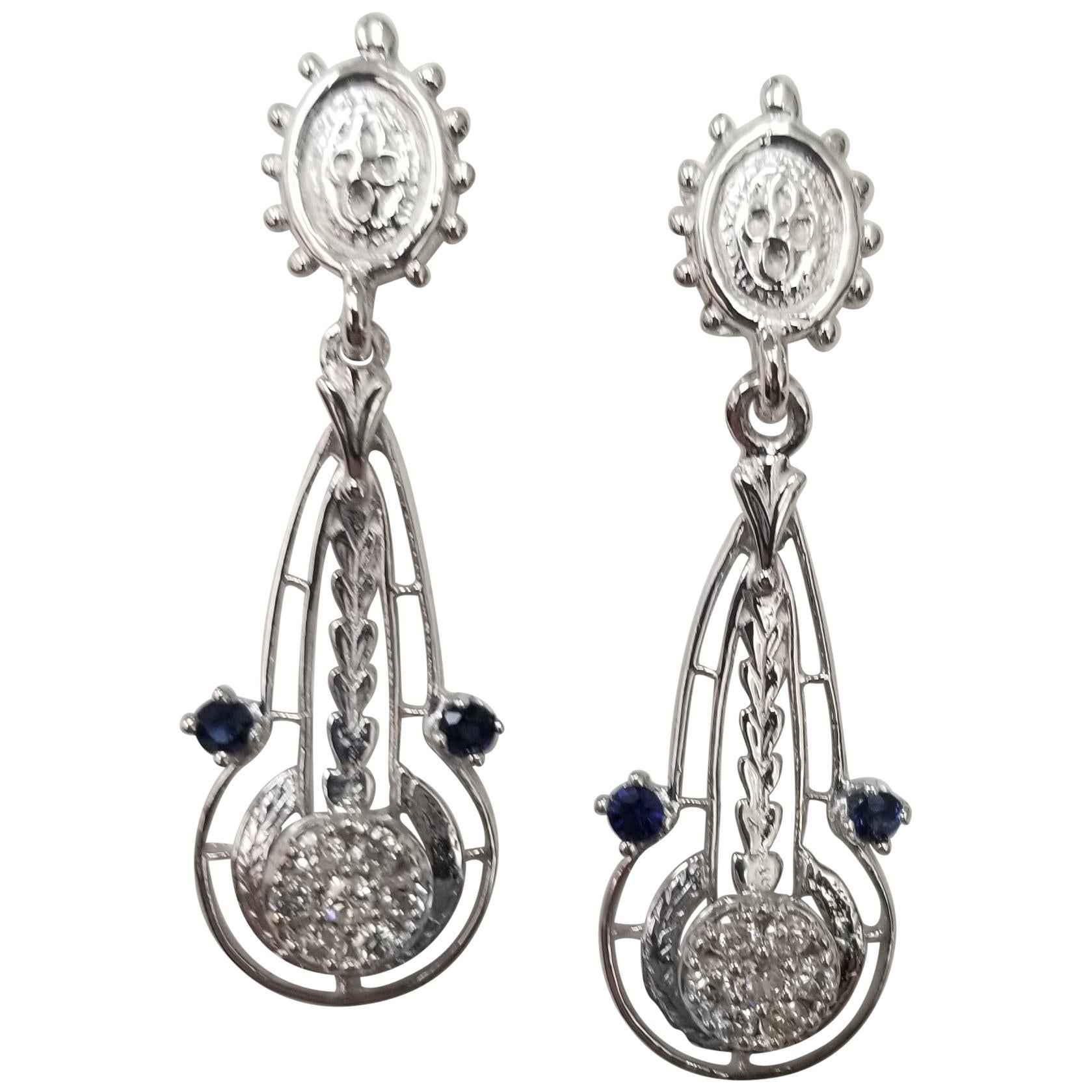 Beautiful 14 Karat White Gold Diamond and Sapphire "Art Deco Style" Earrings For Sale