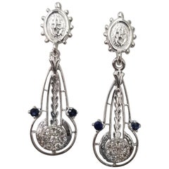Beautiful 14 Karat White Gold Diamond and Sapphire "Art Deco Style" Earrings