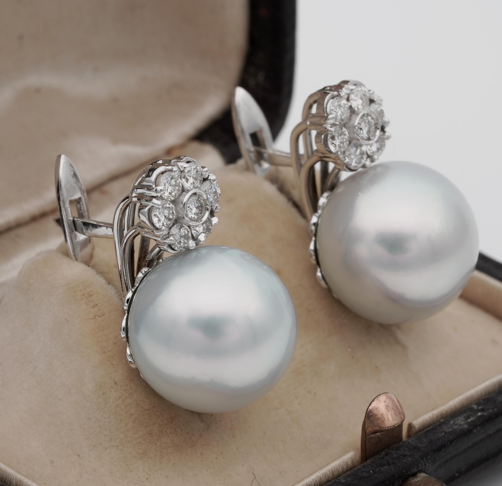 Contemporary Beautiful South Sea Pearl .70 Diamond Floret Top Vintage Earrings