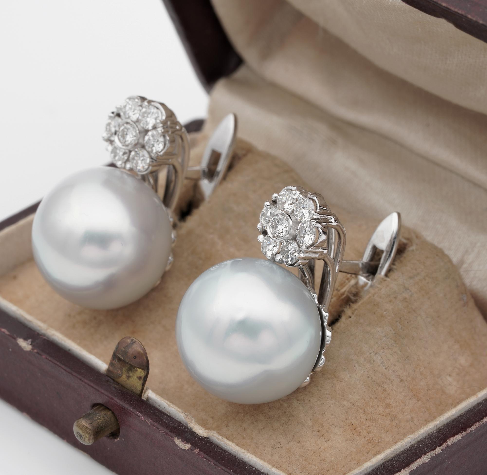 Women's Beautiful South Sea Pearl .70 Diamond Floret Top Vintage Earrings
