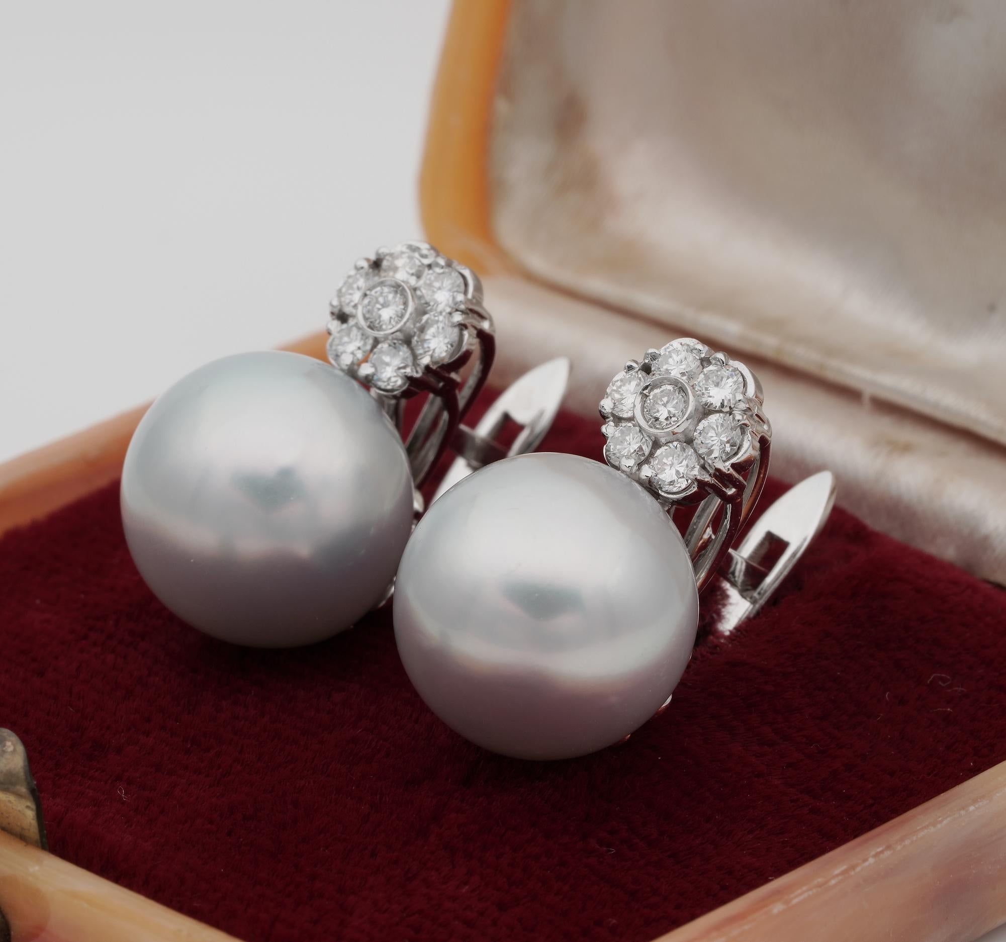 Beautiful South Sea Pearl .70 Diamond Floret Top Vintage Earrings 1