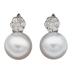 Beautiful South Sea Pearl .70 Diamond Floret Top Vintage Earrings