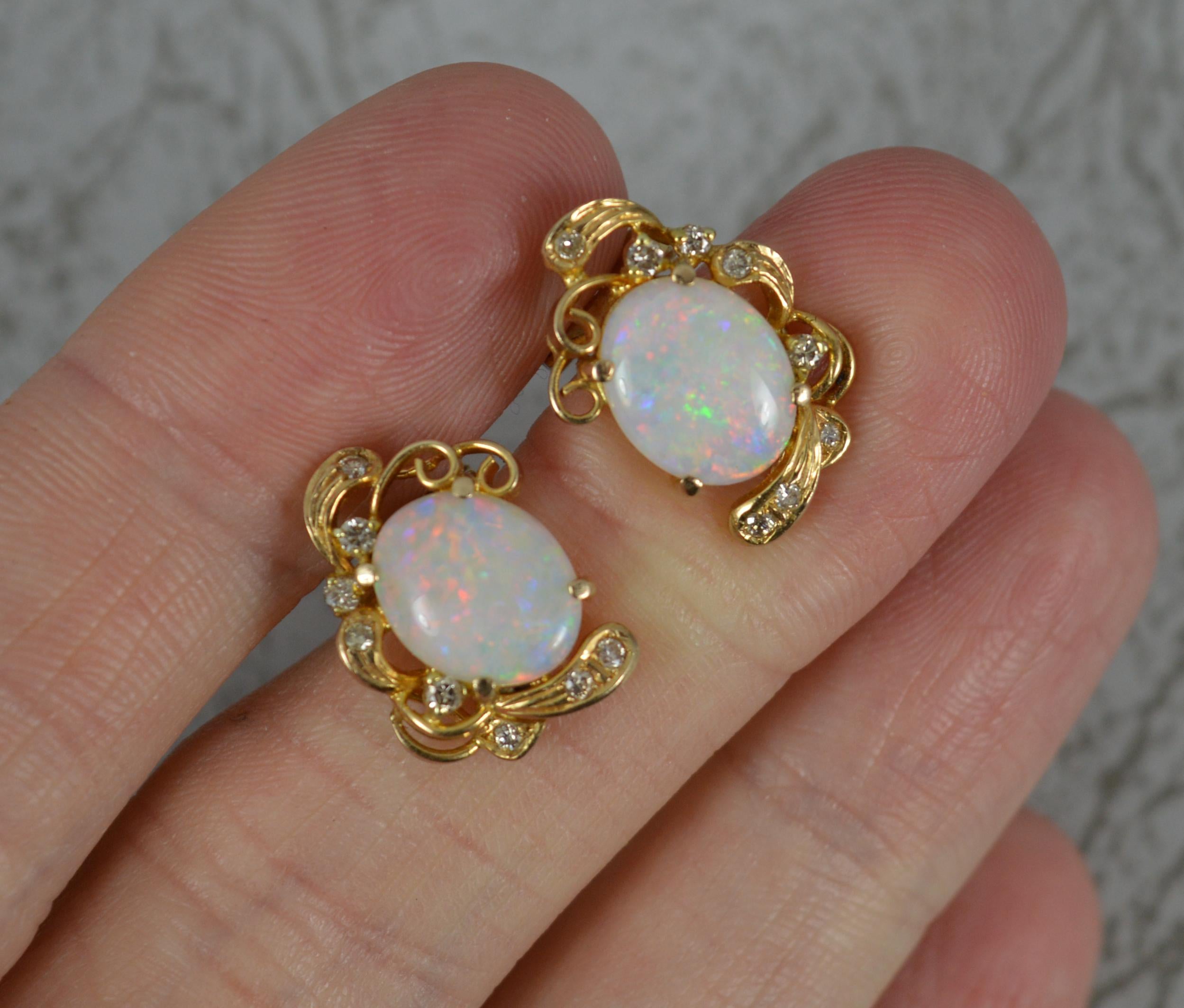 Art Nouveau Beautiful 14ct Gold Natural Opal and Diamond Clip On Earrings