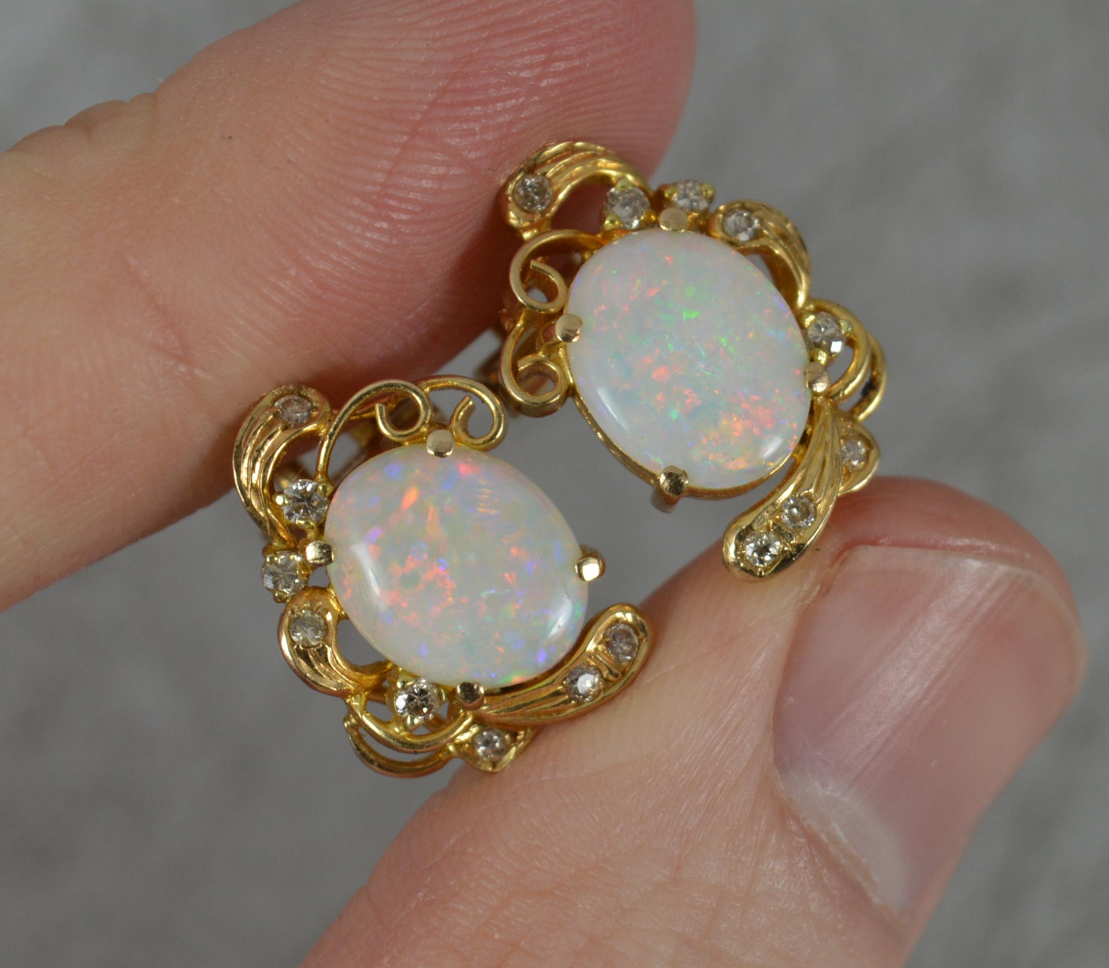 Beautiful 14ct Gold Natural Opal and Diamond Clip On Earrings In Excellent Condition In St Helens, GB