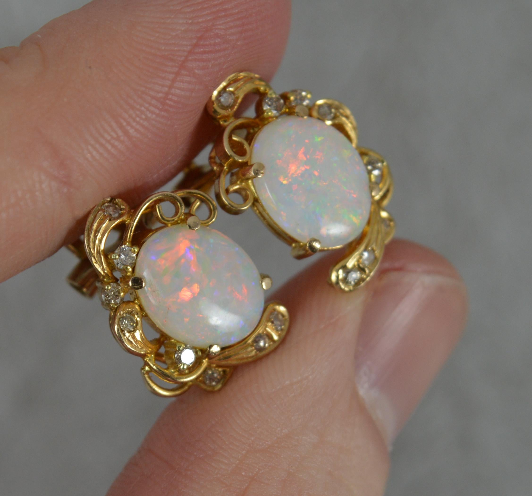 Women's Beautiful 14ct Gold Natural Opal and Diamond Clip On Earrings