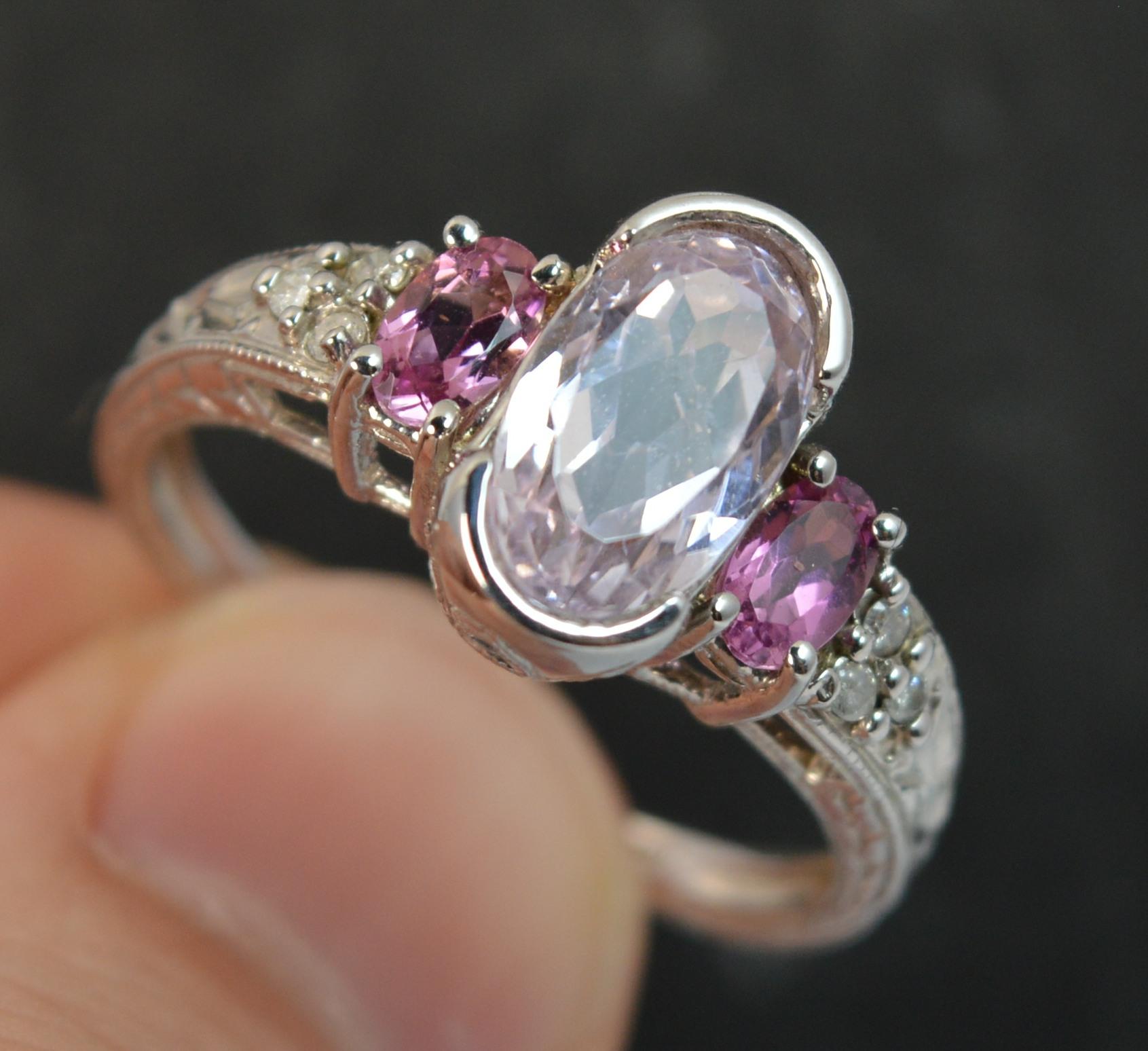 Beautiful 14 Carat White Gold Kunzite Tourmaine and Diamond Ring In Excellent Condition In St Helens, GB
