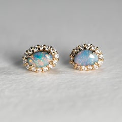 Schöner 14K Gold Australischer Schwarzer Opal Diamant Halo Ohrstecker