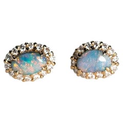Schöner 14K Gold Australischer Schwarzer Opal Diamant Halo Ohrstecker