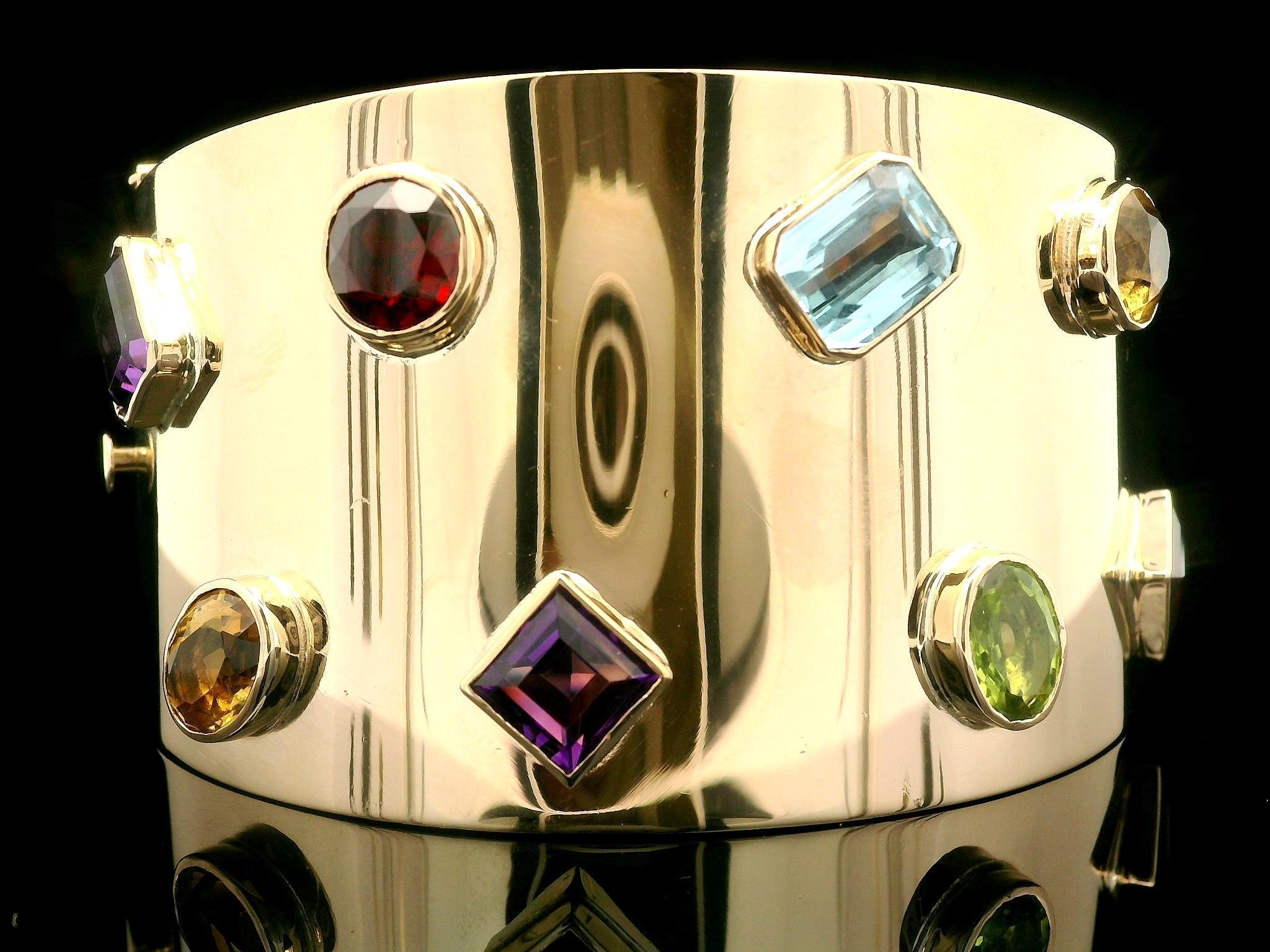 Beautiful 14k Gold Colorful Natural Gemstones Polished Wide Open Hinged Bracelet 7