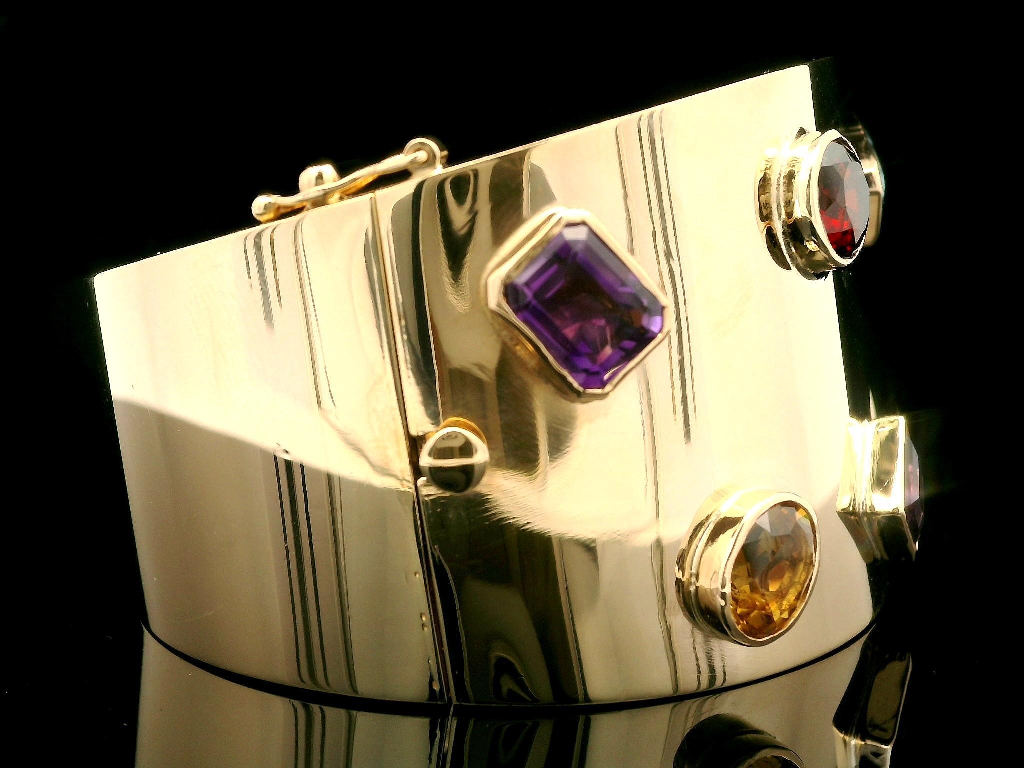 Beautiful 14k Gold Colorful Natural Gemstones Polished Wide Open Hinged Bracelet 8