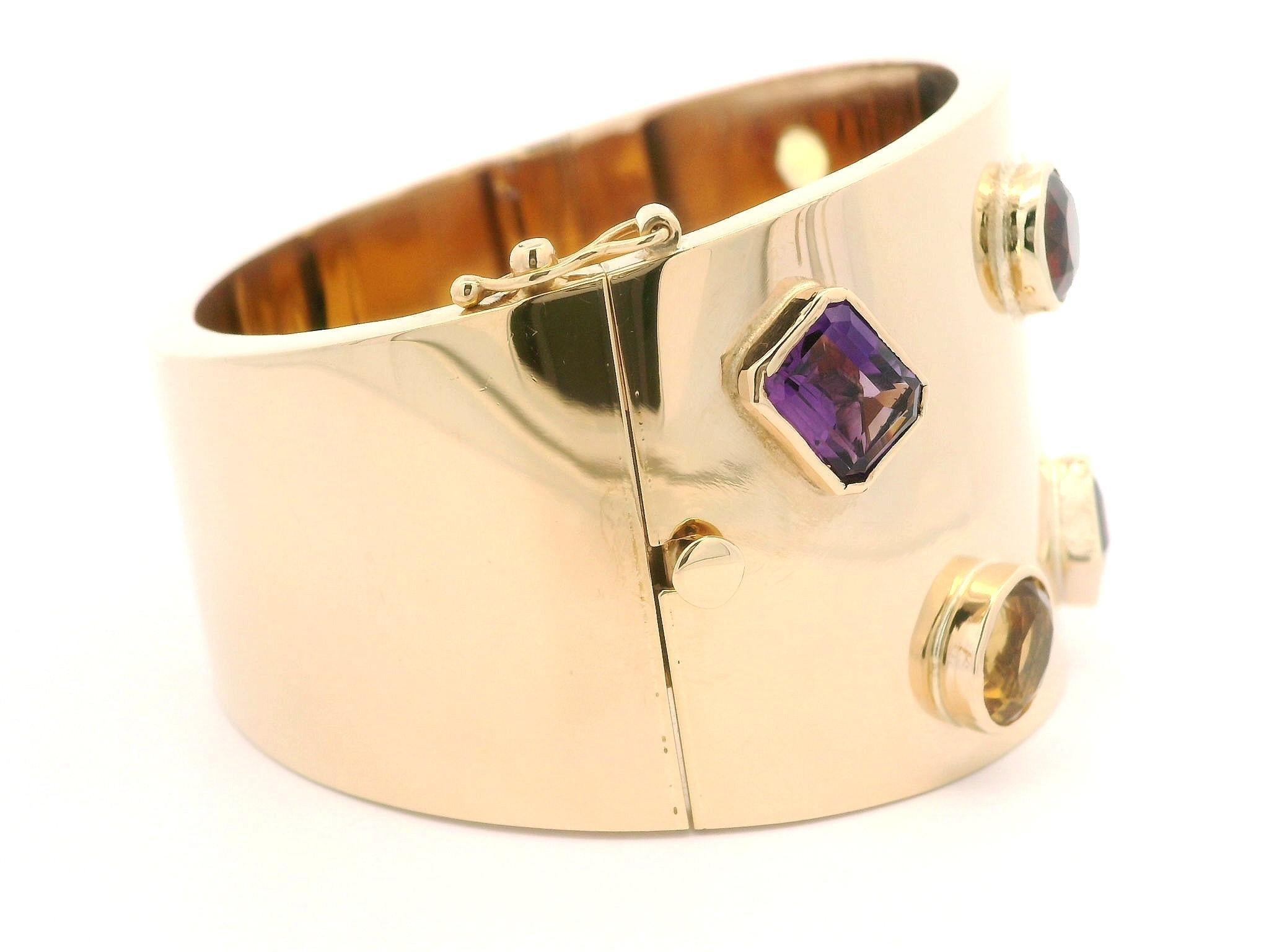 Beautiful 14k Gold Colorful Natural Gemstones Polished Wide Open Hinged Bracelet 10