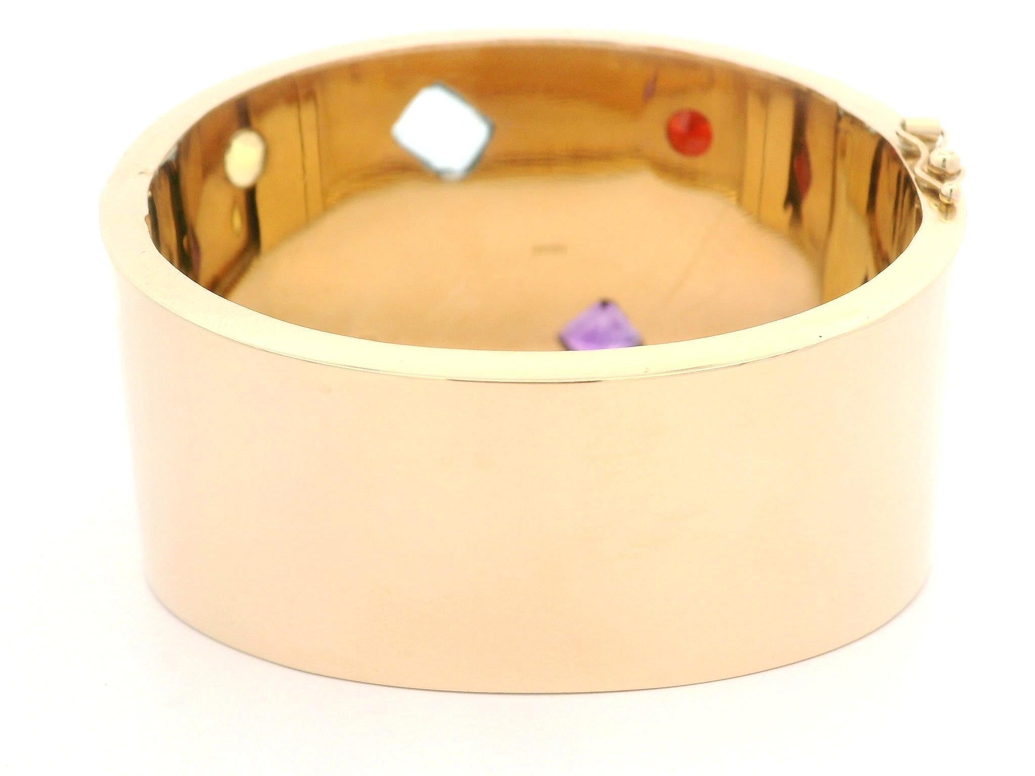Beautiful 14k Gold Colorful Natural Gemstones Polished Wide Open Hinged Bracelet 11