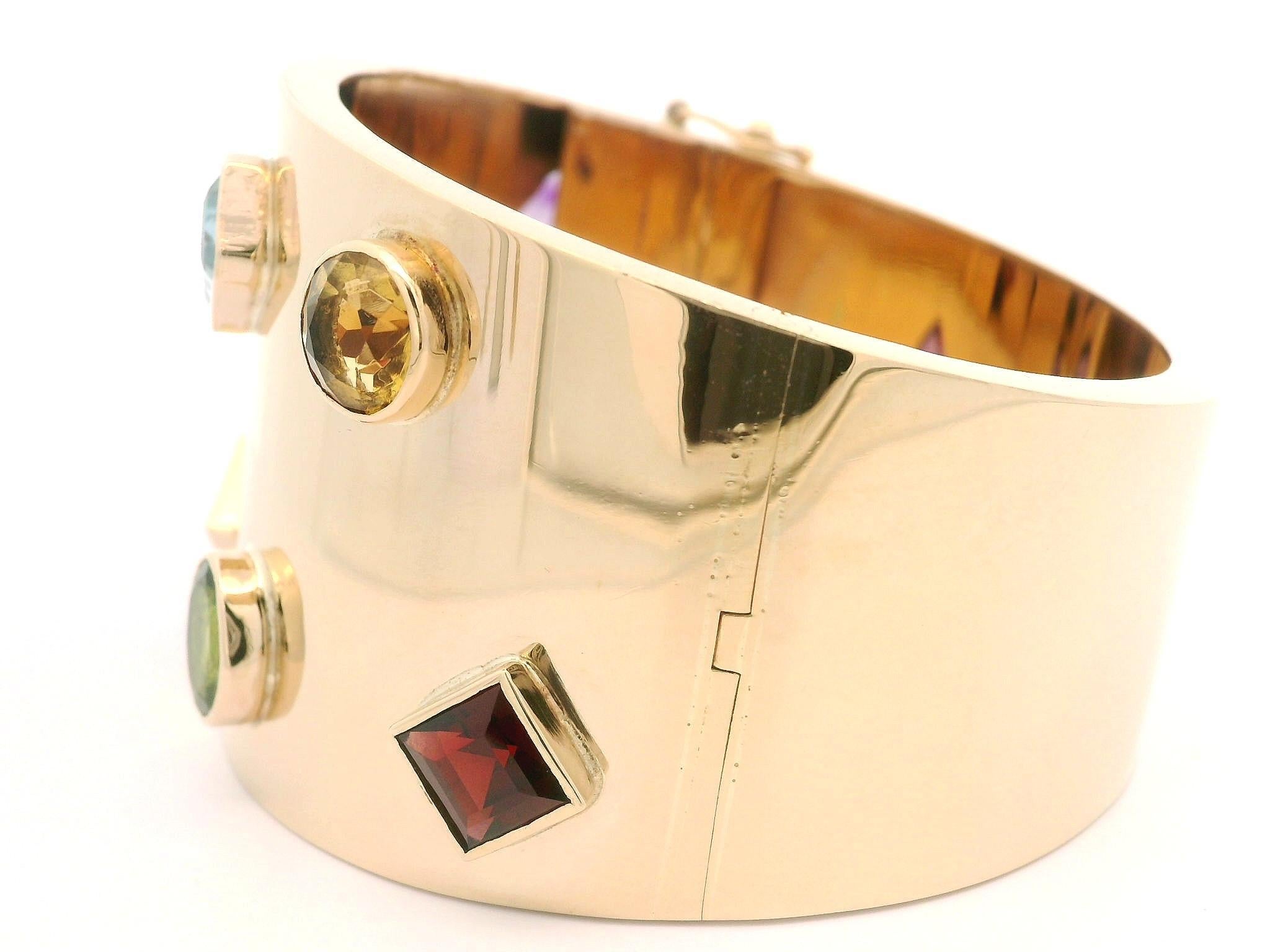 Beautiful 14k Gold Colorful Natural Gemstones Polished Wide Open Hinged Bracelet 12