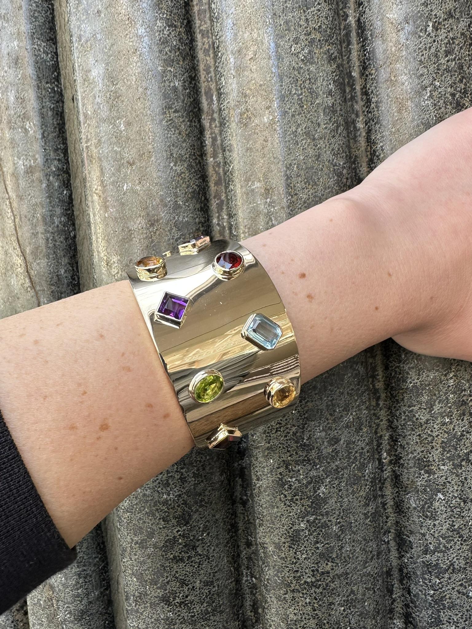 Beautiful 14k Gold Colorful Natural Gemstones Polished Wide Open Hinged Bracelet 1