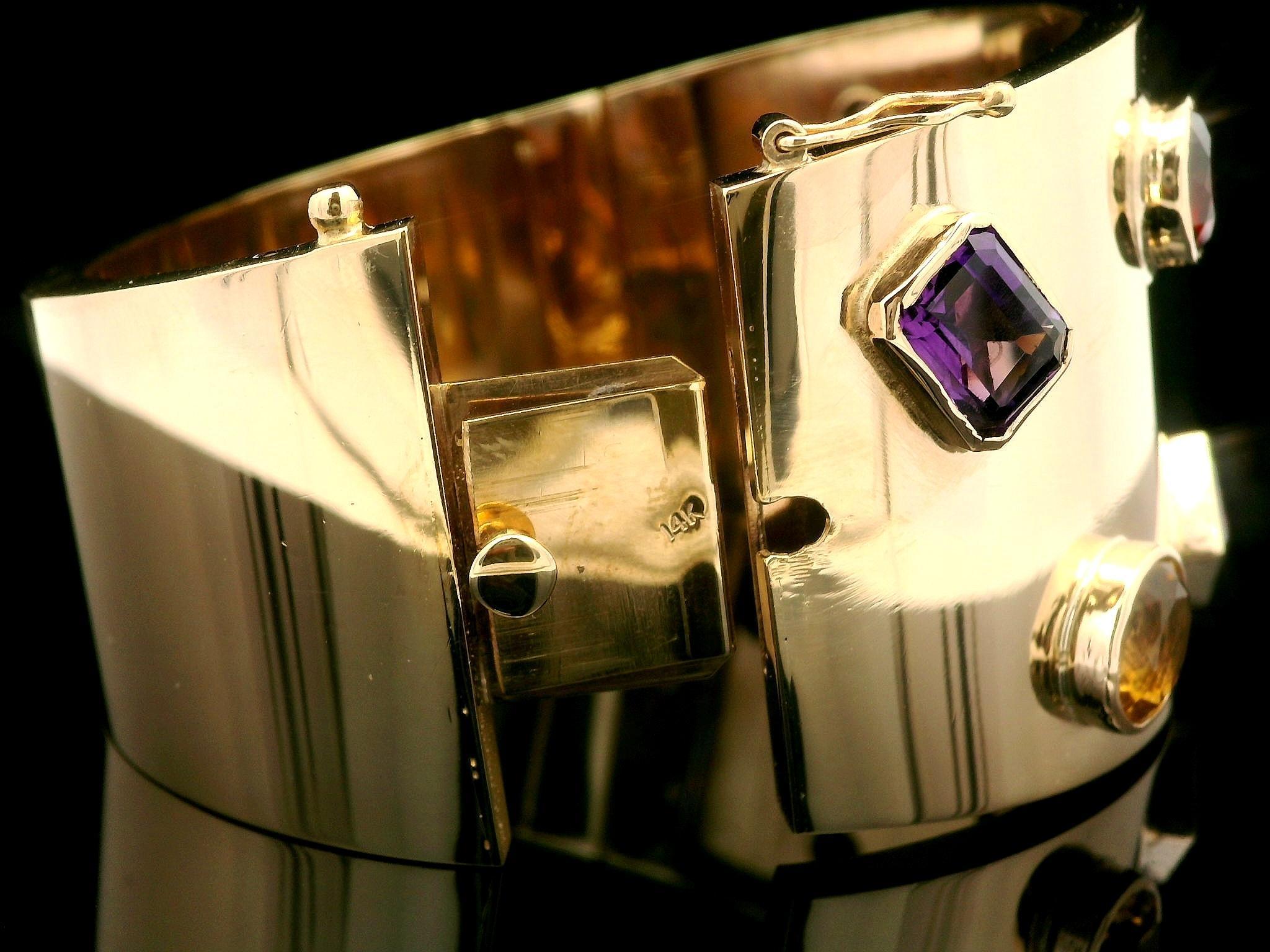 Beautiful 14k Gold Colorful Natural Gemstones Polished Wide Open Hinged Bracelet 4