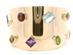 Beautiful 14k Gold Colorful Natural Gemstones Polished Wide Open Hinged Bracelet