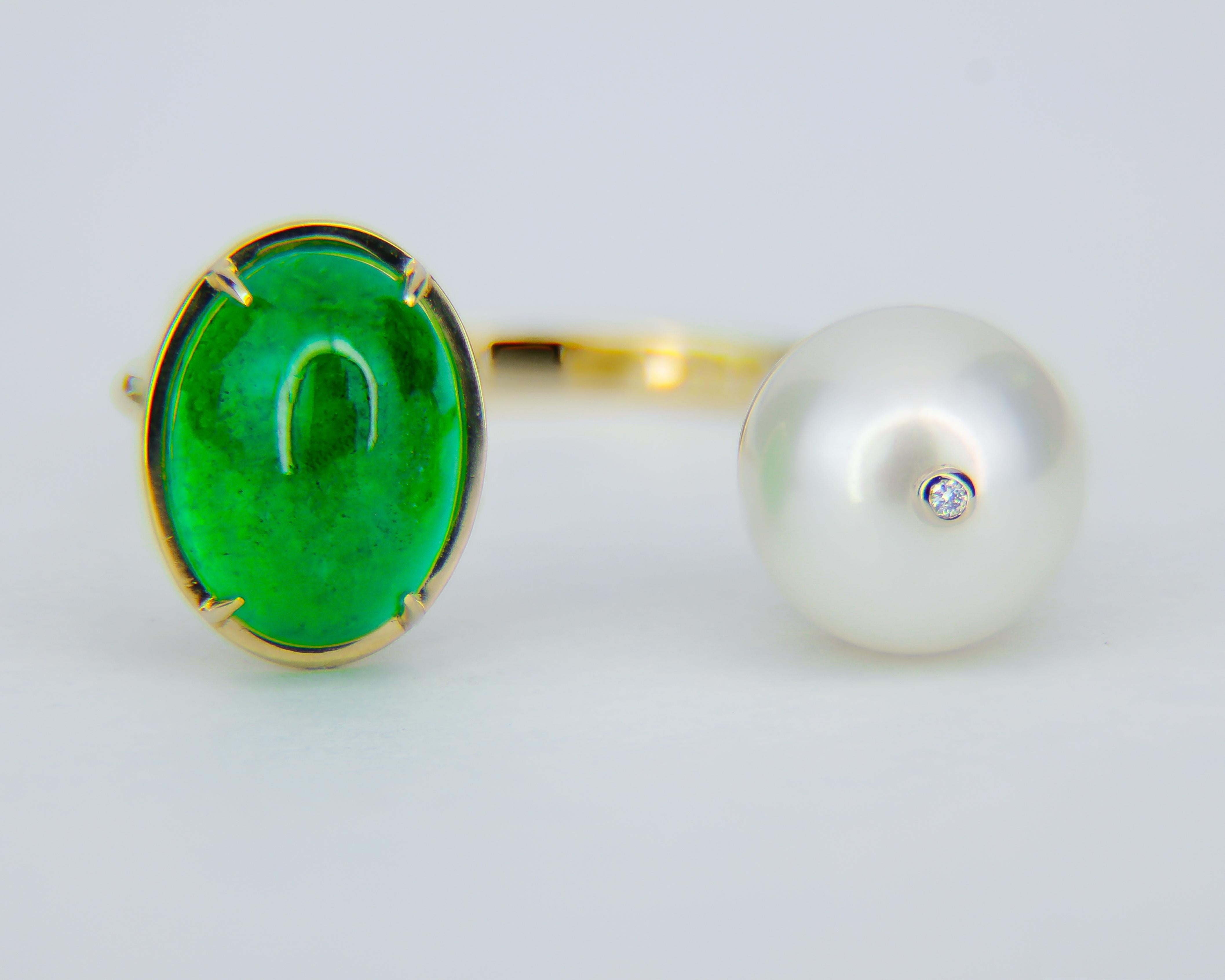 For Sale:  Emerald and Pearl 14k gold ring. Adjustable emerald ring 11