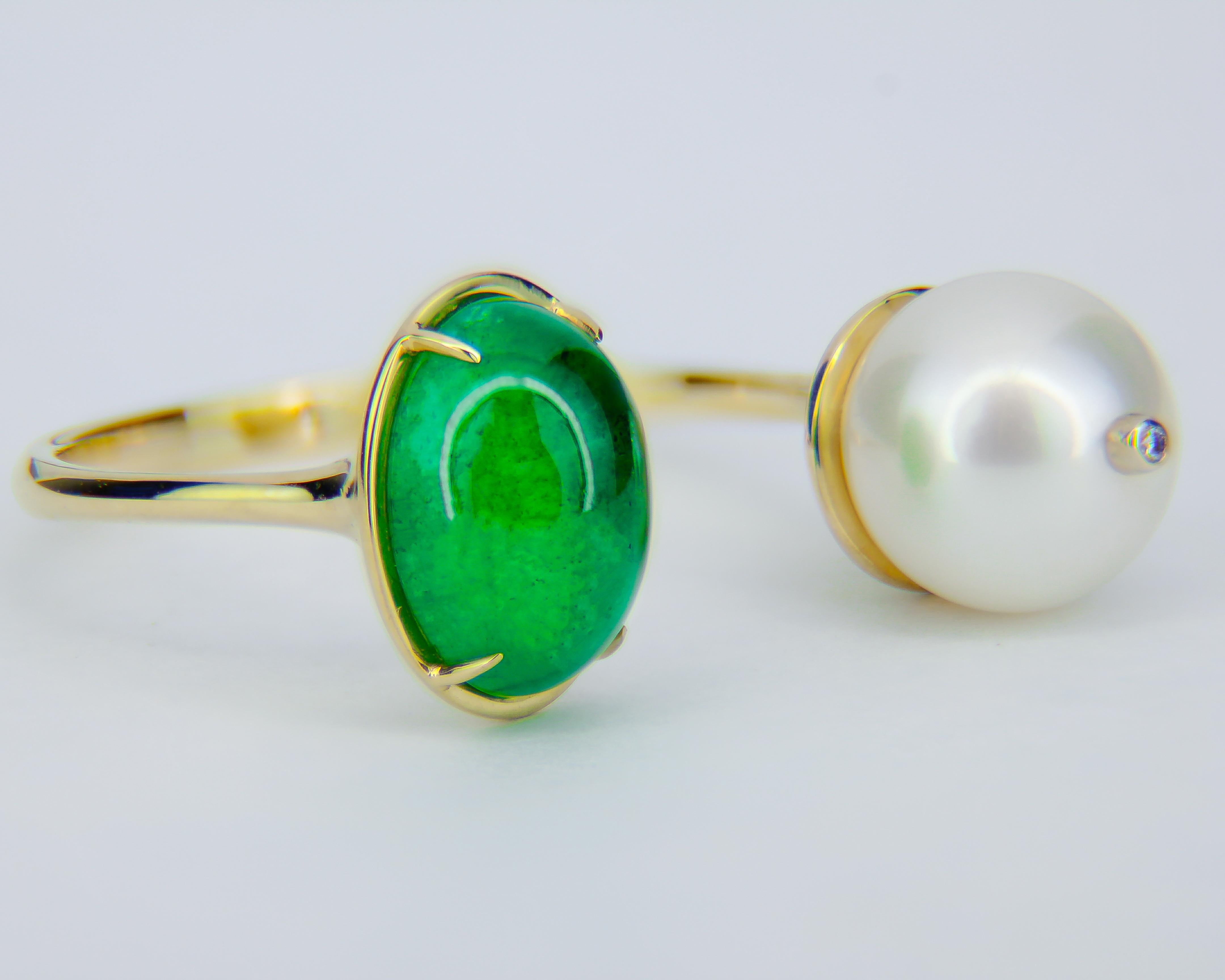 For Sale:  Emerald and Pearl 14k gold ring. Adjustable emerald ring 12