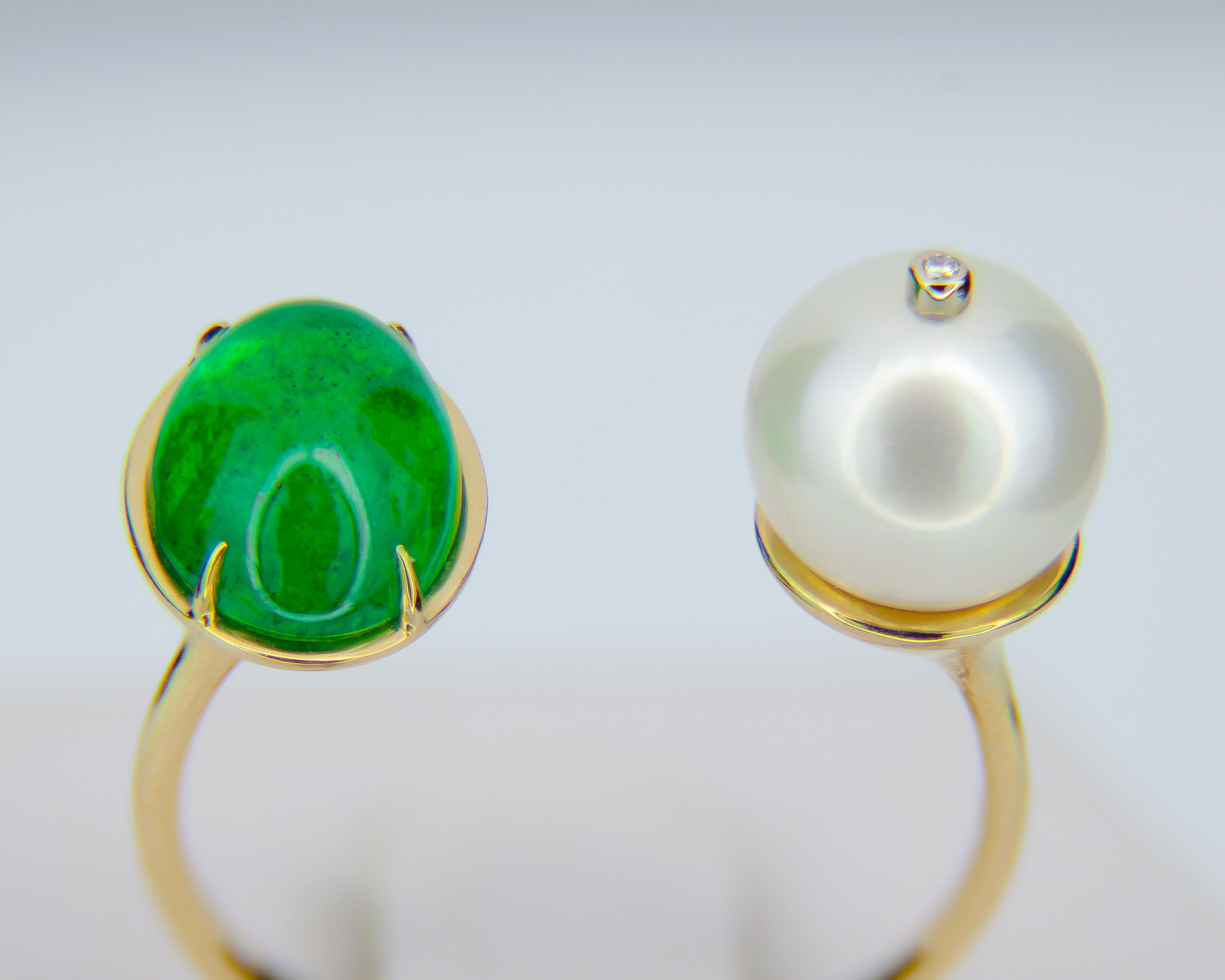 For Sale:  Emerald and Pearl 14k gold ring. Adjustable emerald ring 14