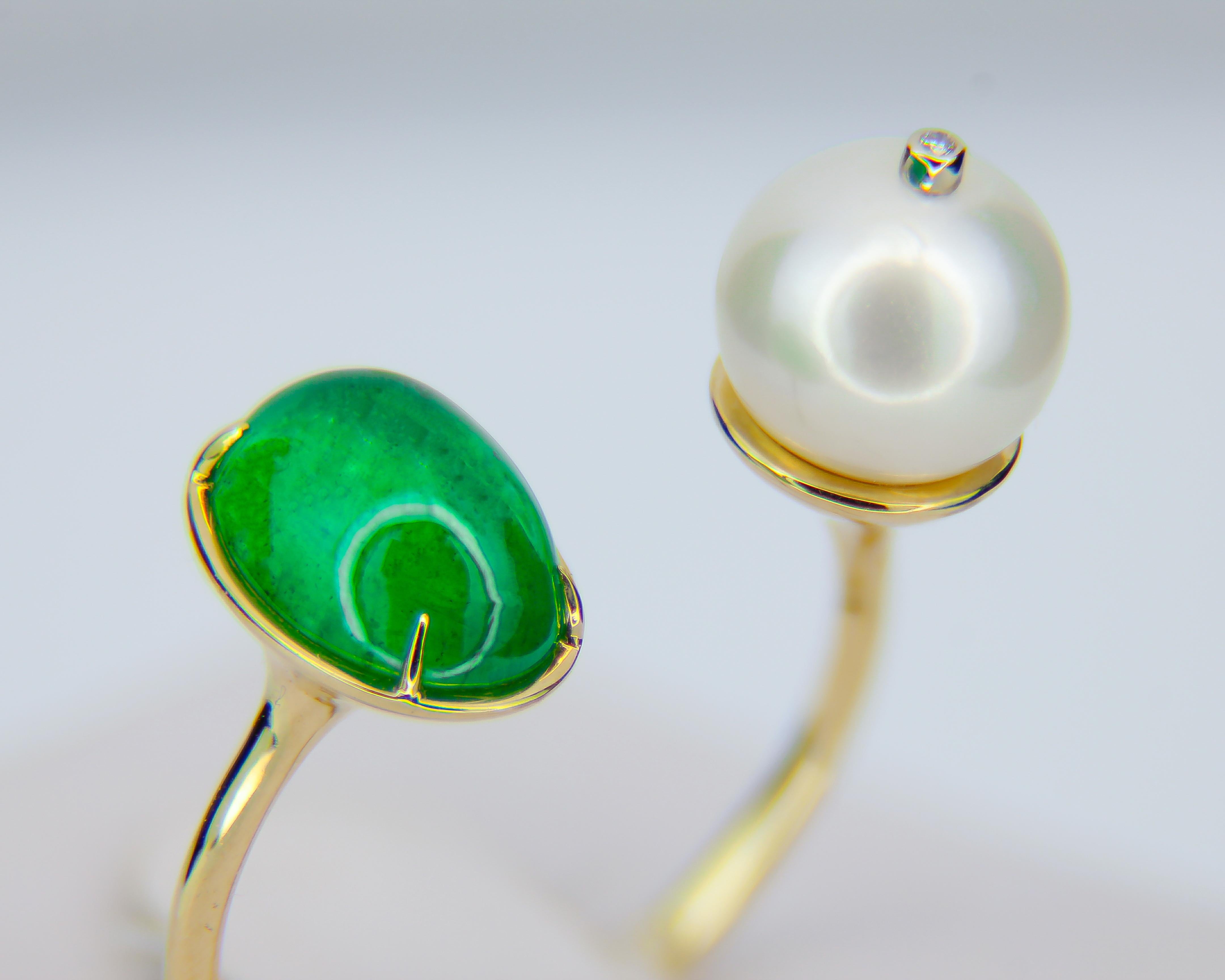 For Sale:  Emerald and Pearl 14k gold ring. Adjustable emerald ring 15