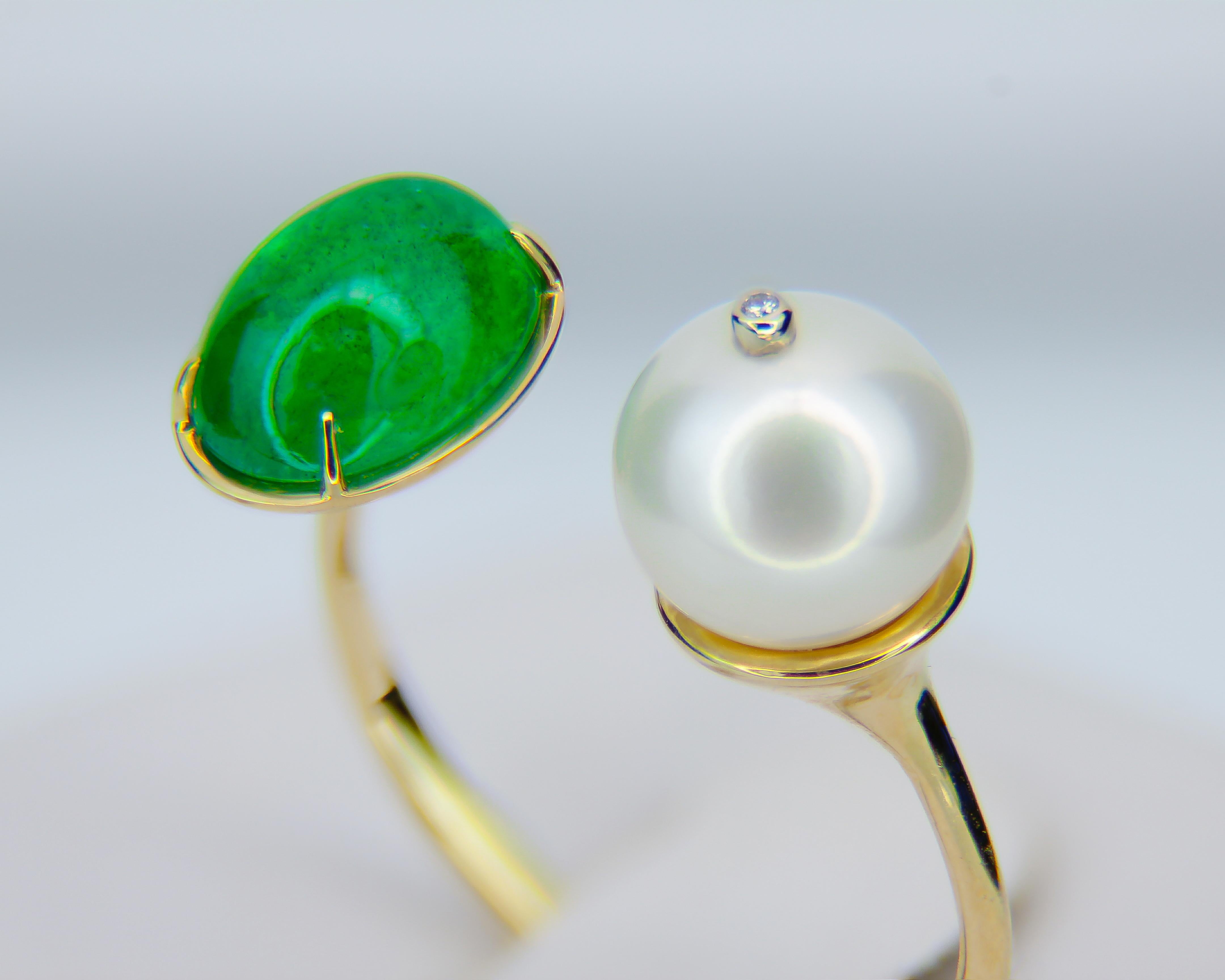 For Sale:  Emerald and Pearl 14k gold ring. Adjustable emerald ring 16