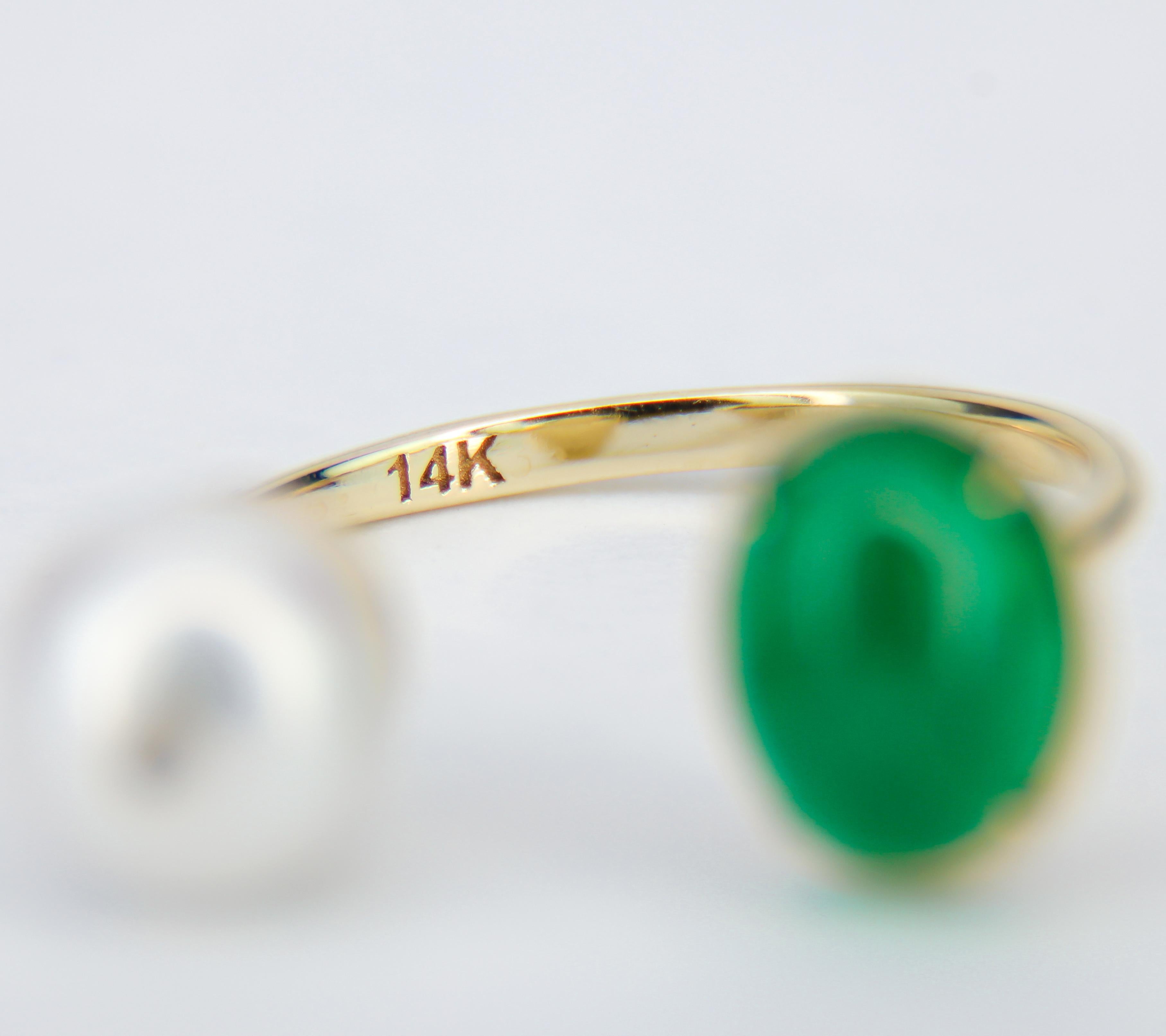 For Sale:  Emerald and Pearl 14k gold ring. Adjustable emerald ring 17