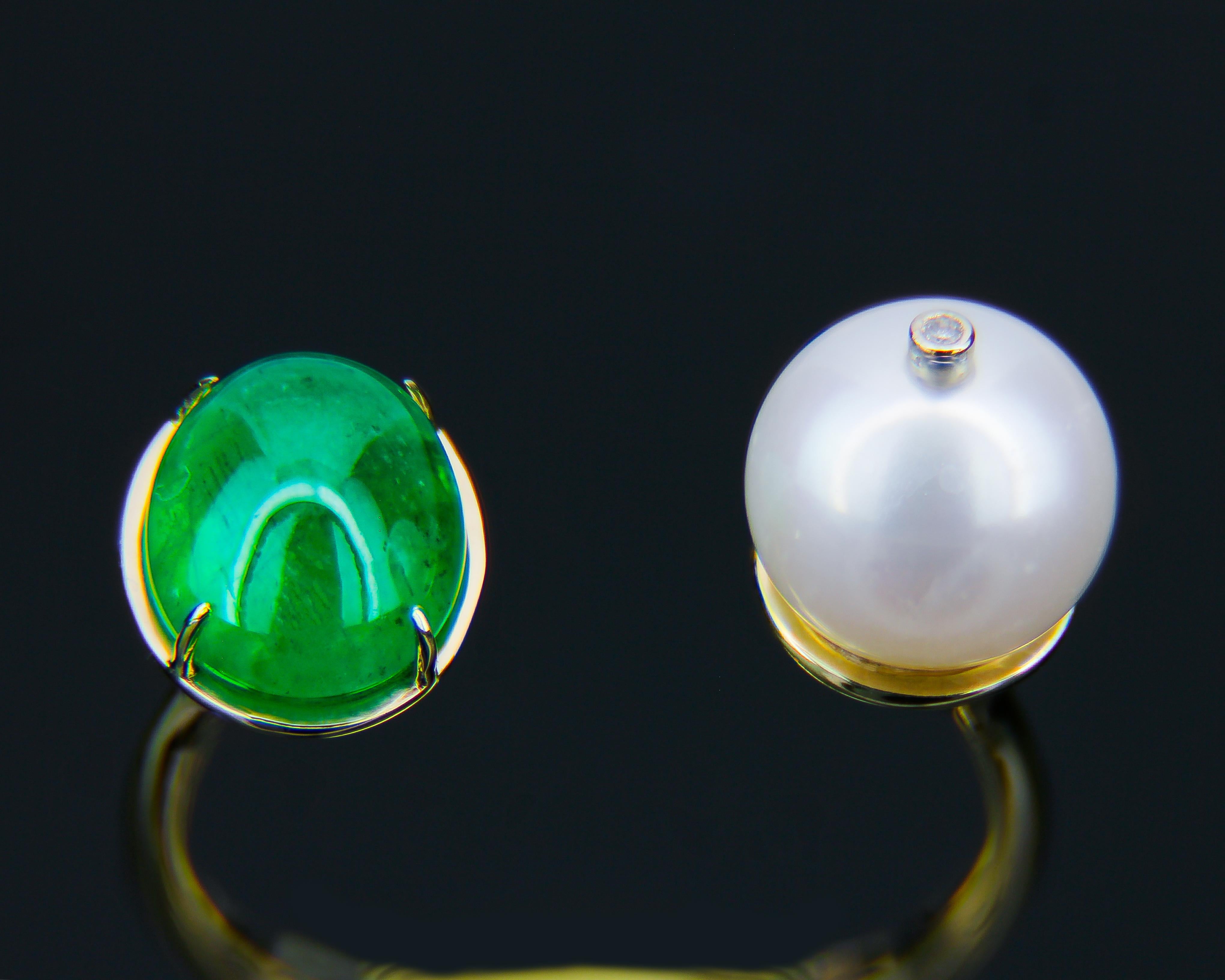 For Sale:  Emerald and Pearl 14k gold ring. Adjustable emerald ring 9