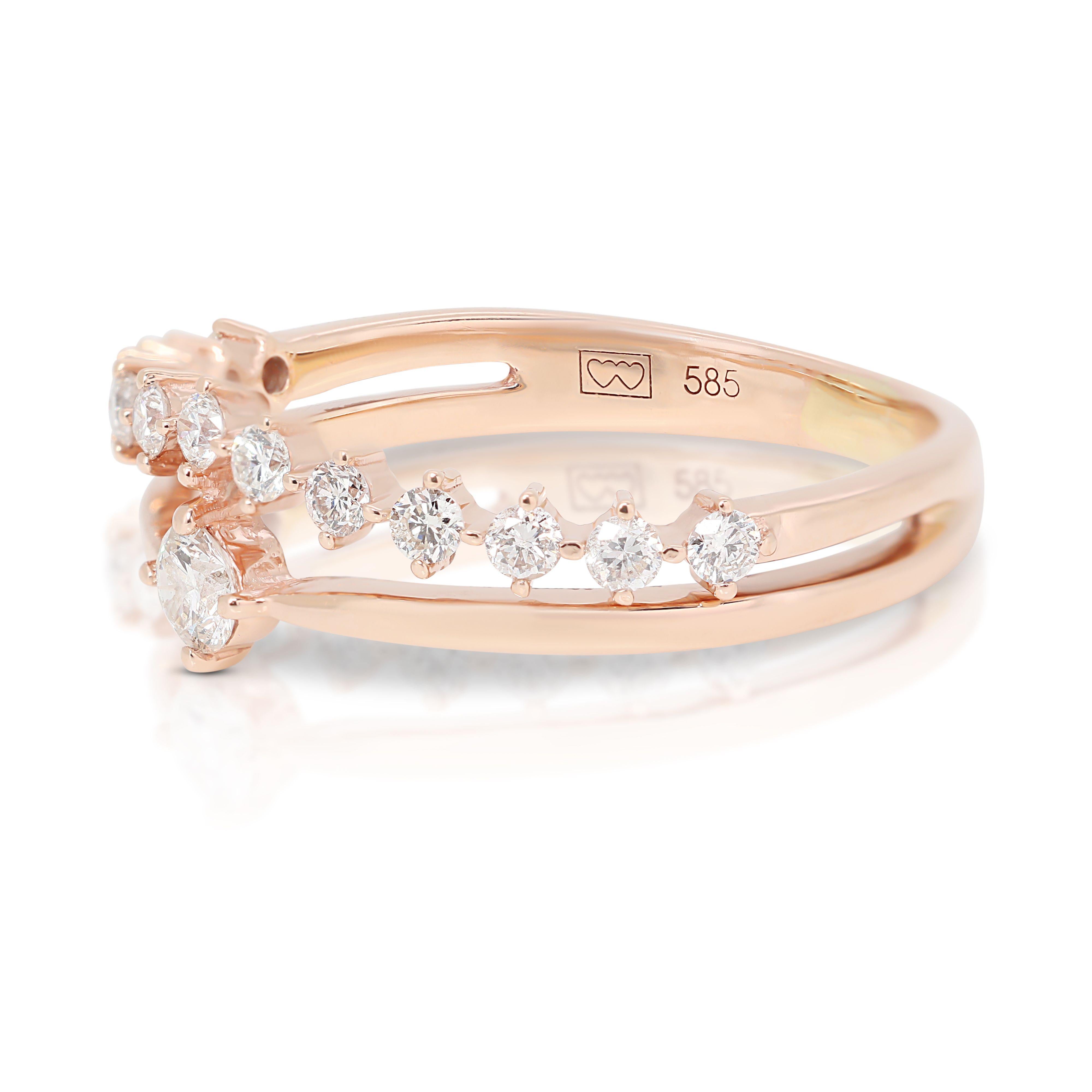 Beautiful 14k Rose Gold Crown Ring with 0.17 Ct Natural Diamonds In New Condition For Sale In רמת גן, IL