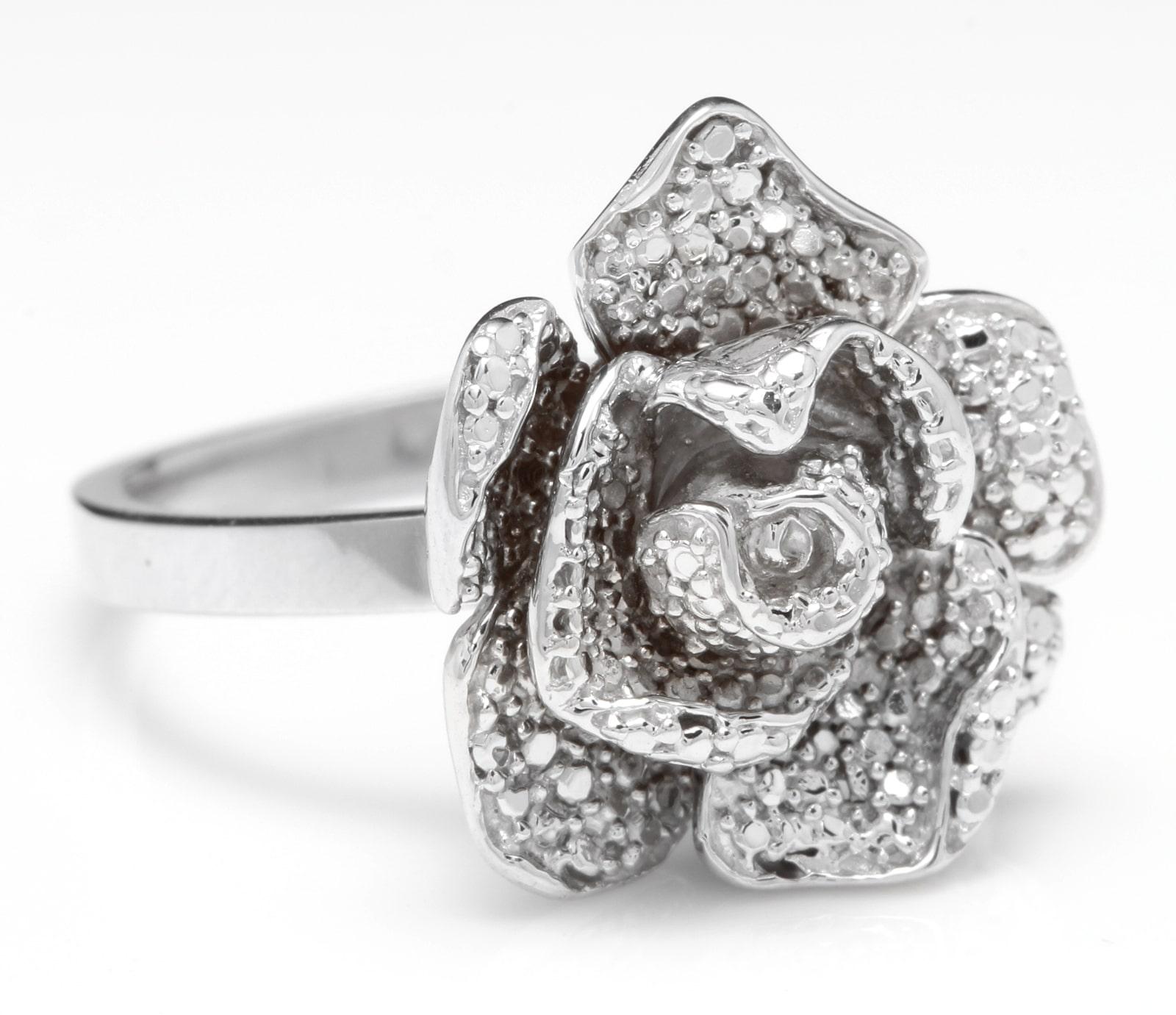 Beautiful 14K Solid White Gold Flower Ring

Suggested Replacement Value: $1,300.00

Stamped: 14K

Flower Measures: 16.60 x 16.25mm

Ring size: 7 (free sizing available)

Item total weight: 6.2 grams

Disclaimer: all weights, measurements and colors