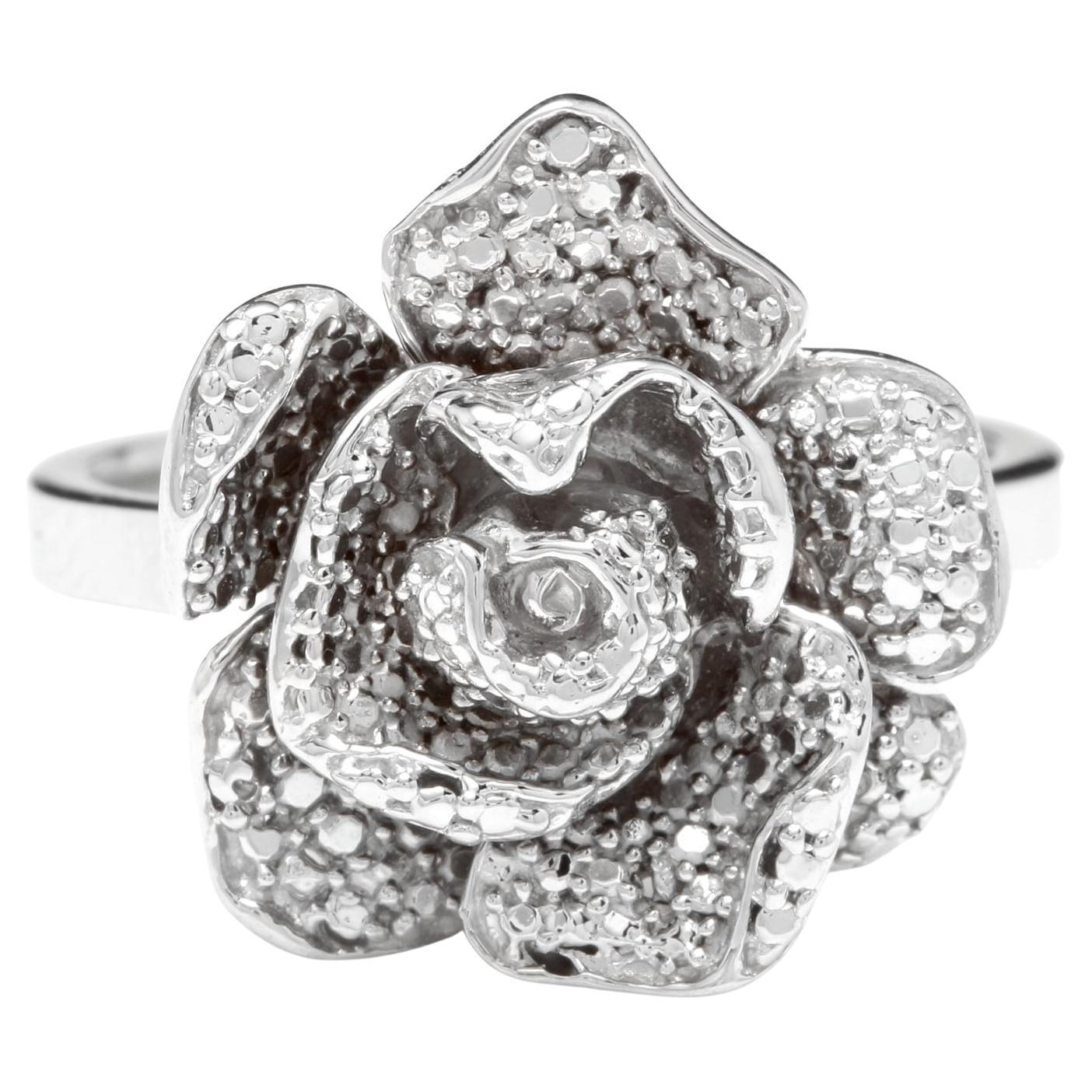 Beautiful 14K Solid White Gold Flower Ring For Sale