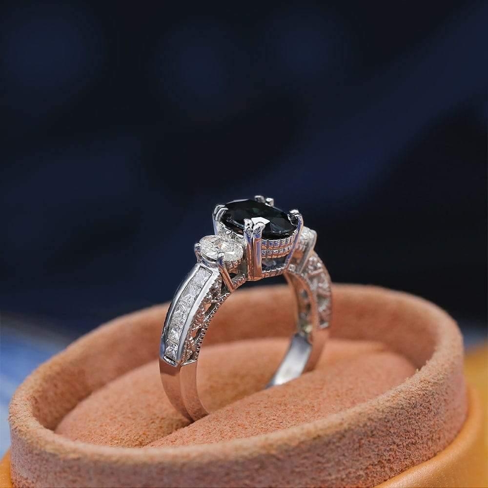 For Sale:  Beautiful 14k White Gold Engagement Ring Features 2.00ct Black Sapphire and 1.25 2
