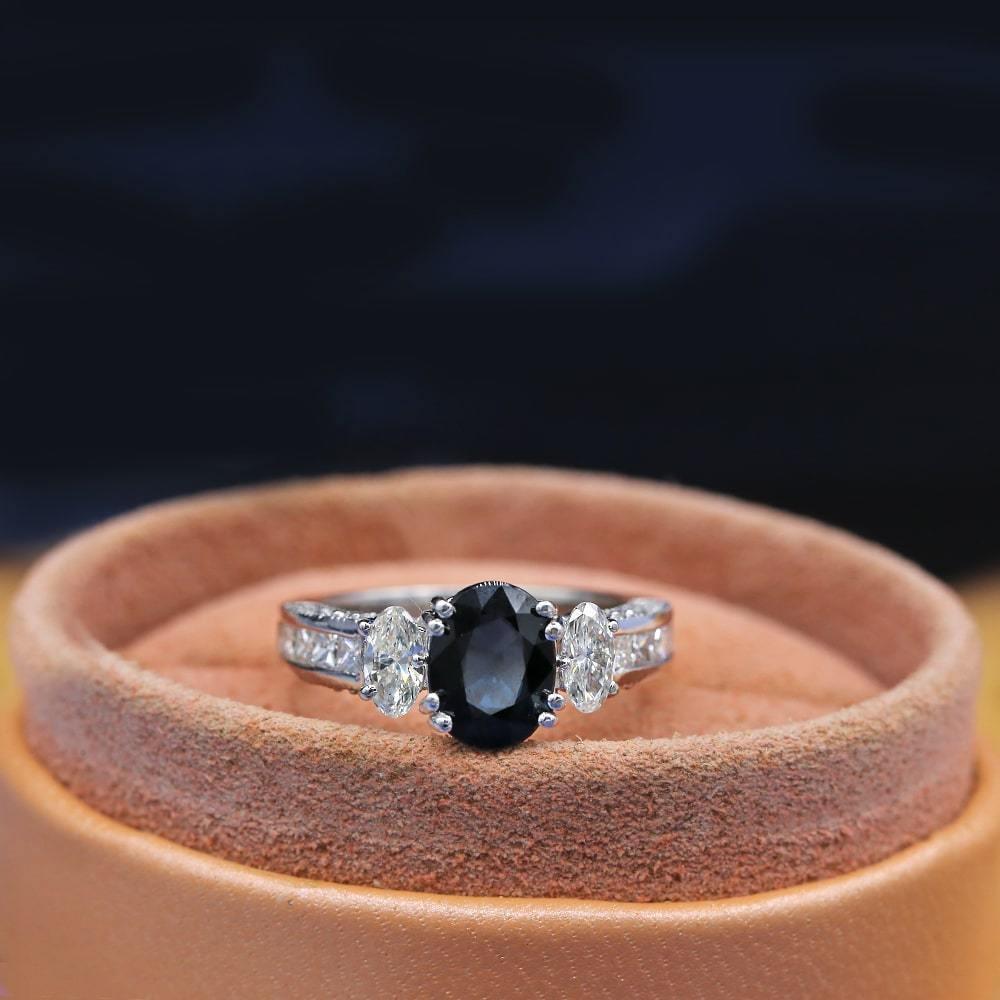 For Sale:  Beautiful 14k White Gold Engagement Ring Features 2.00ct Black Sapphire and 1.25 3