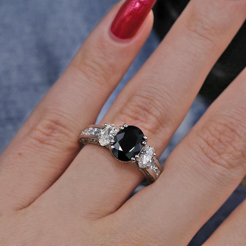 For Sale:  Beautiful 14k White Gold Engagement Ring Features 2.00ct Black Sapphire and 1.25 4