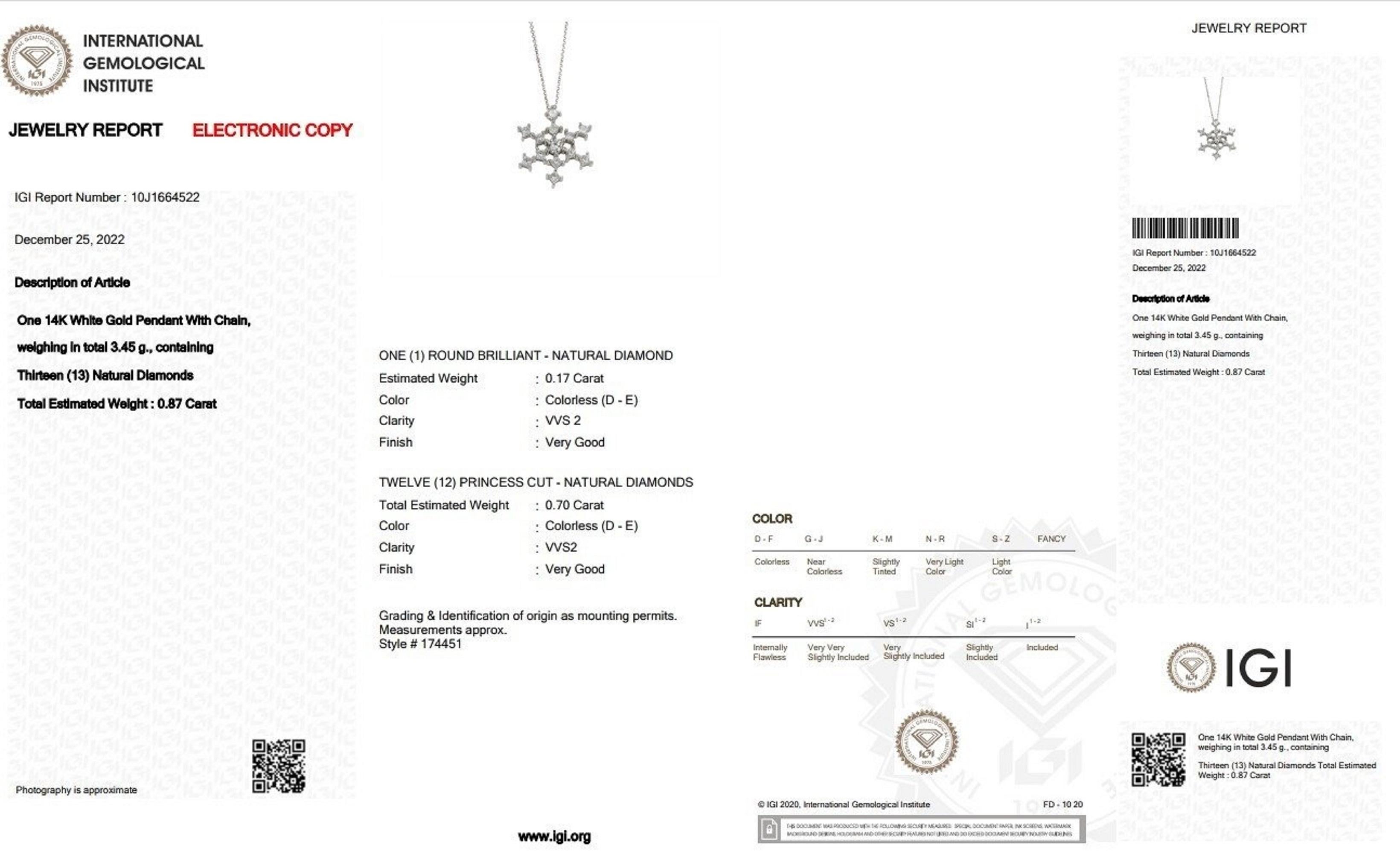 Round Cut Beautiful 14k White Gold Snowflake Necklace 0.87 Ct Natural Diamonds IGI Cert