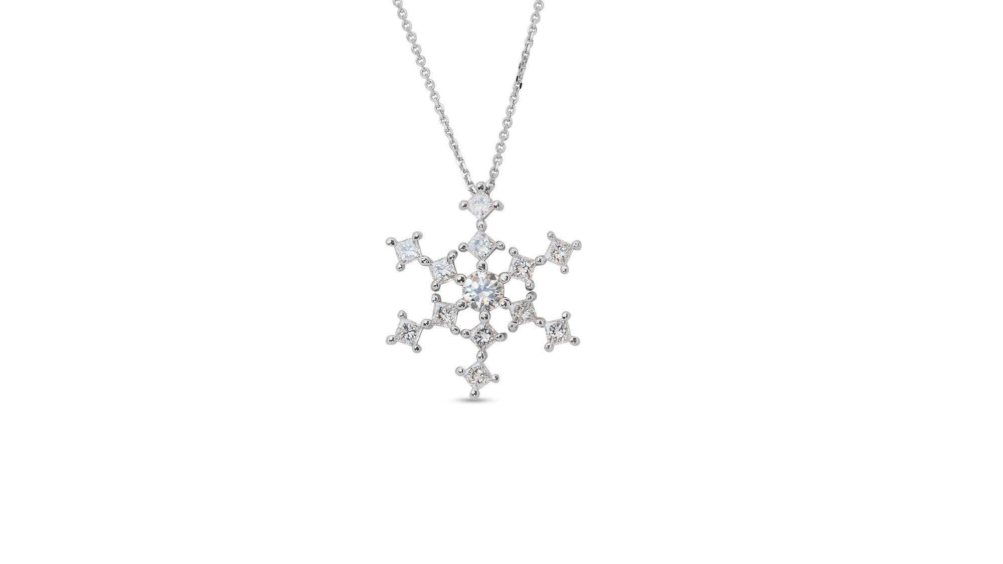 Women's Beautiful 14k White Gold Snowflake Necklace 0.87 Ct Natural Diamonds IGI Cert