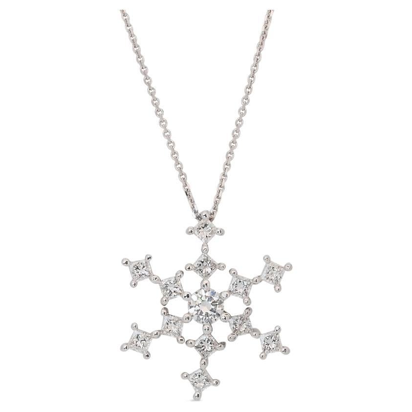 Beautiful 14k White Gold Snowflake Necklace 0.87 Ct Natural Diamonds IGI Cert