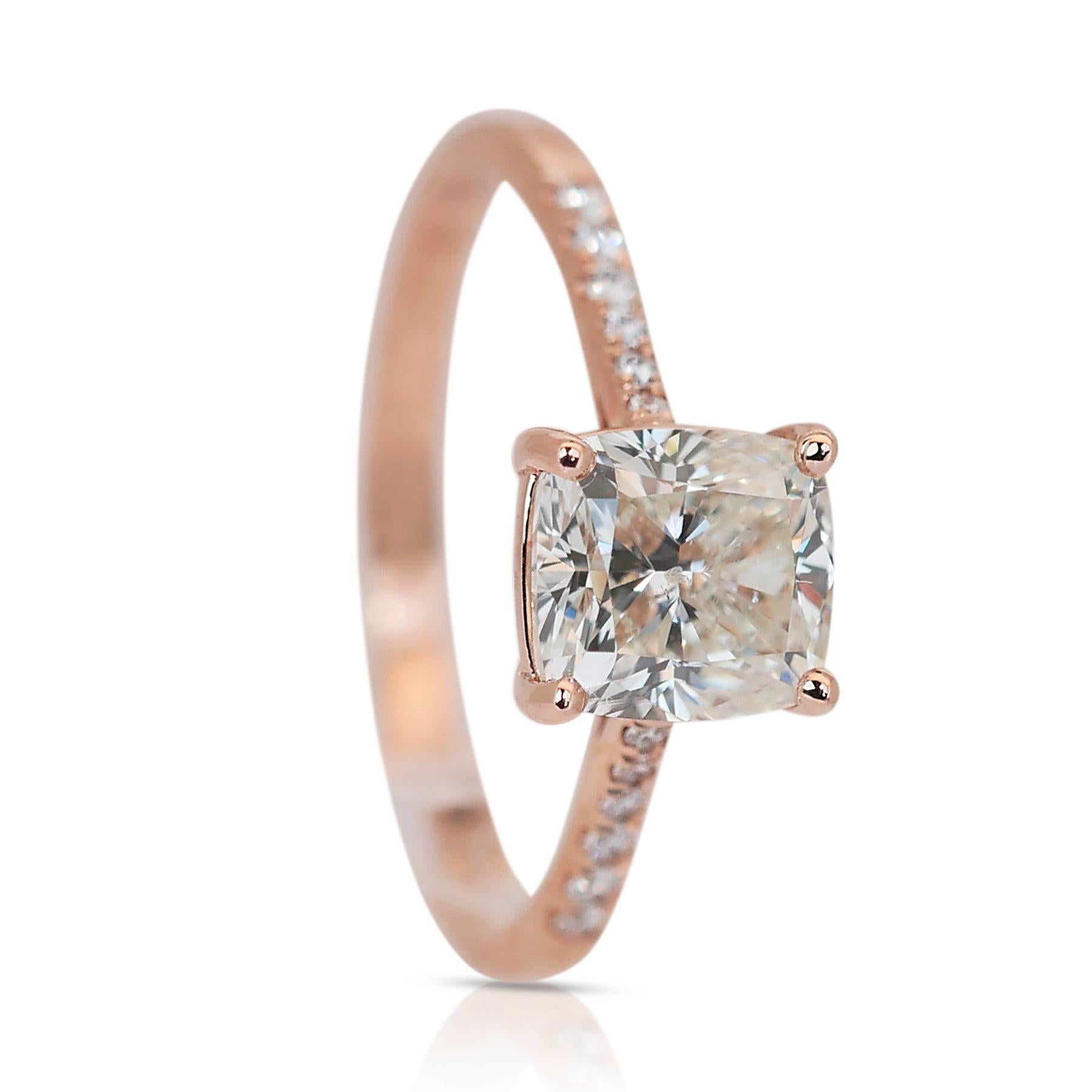 Beautiful 1.58ct Double Excellent Ideal Cut Diamonds Pave Ring in 18k Rose Gold - GIA Certified

This enchanting 18K rose gold pave ring showcases a stunning 1.50-carat cushion-cut diamond with a double excellent ideal cut, radiating brilliance.