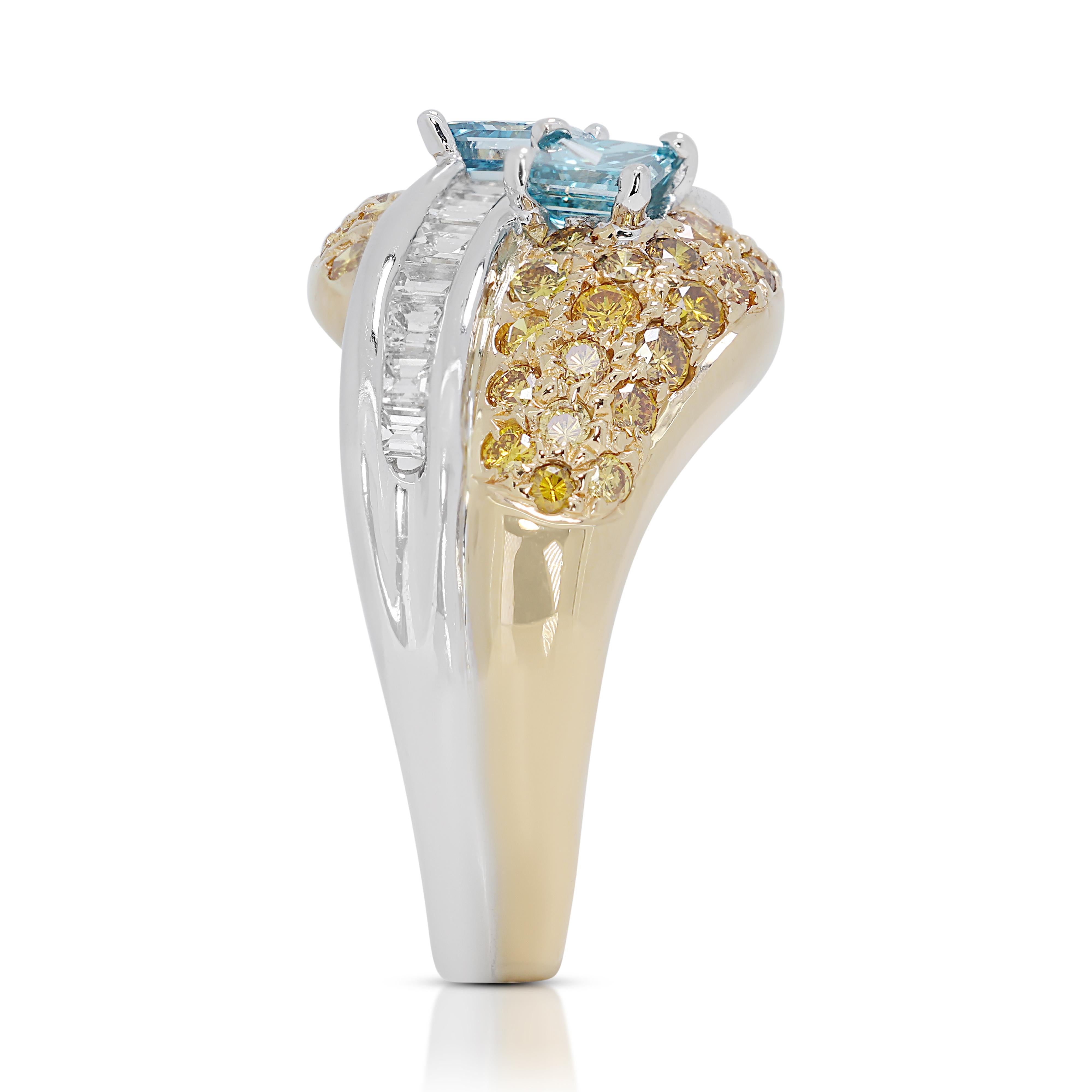 Schöner 1,67 Karat Diamanten Cluster-Ring aus 18 Karat zweifarbigem Gold mit Diamanten  (Carréschliff) im Angebot