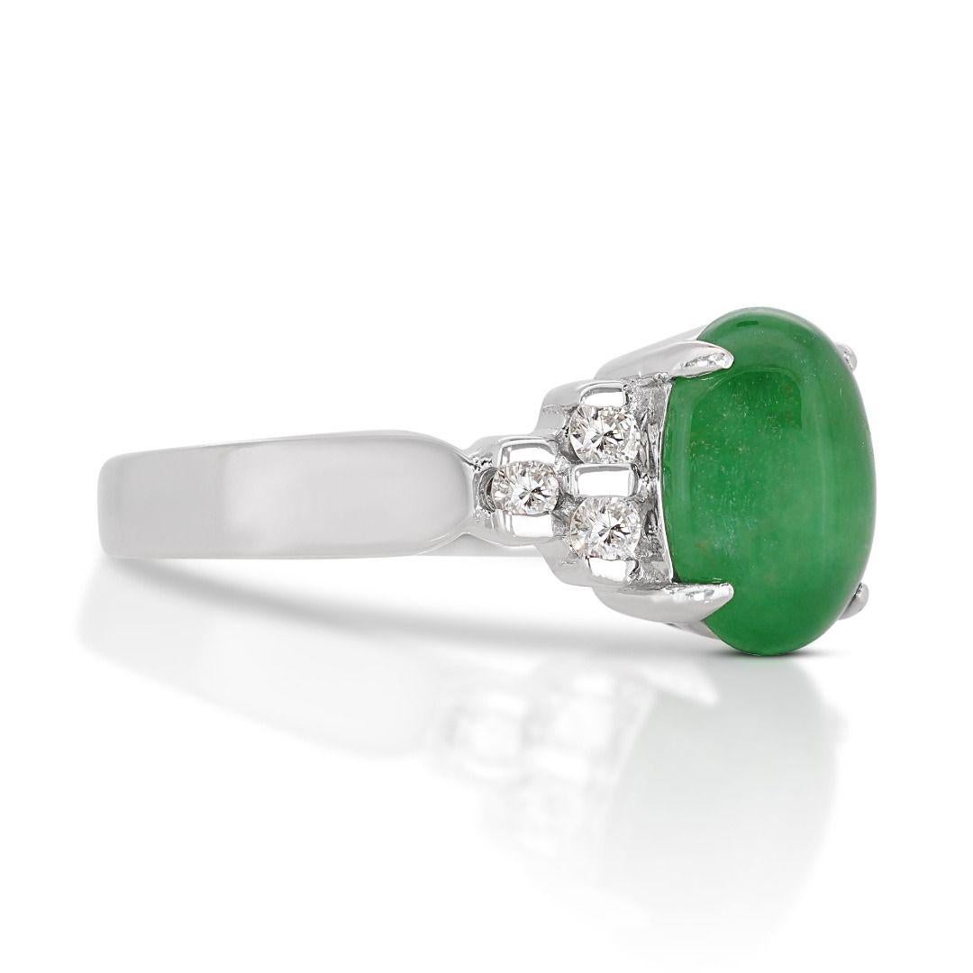 Oval Cut Beautiful 1.67ct Jade Ring with Side Diamonds in 18K White Gold For Sale
