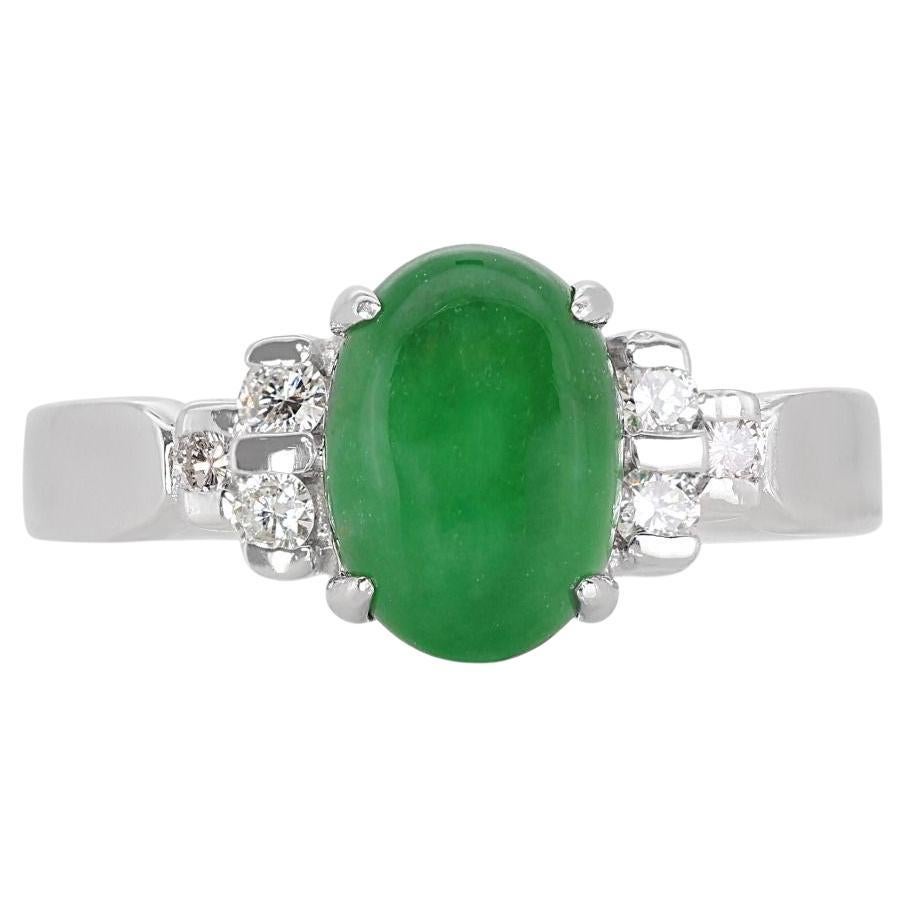 Beautiful 1.67ct Jade Ring with Side Diamonds in 18K White Gold For Sale