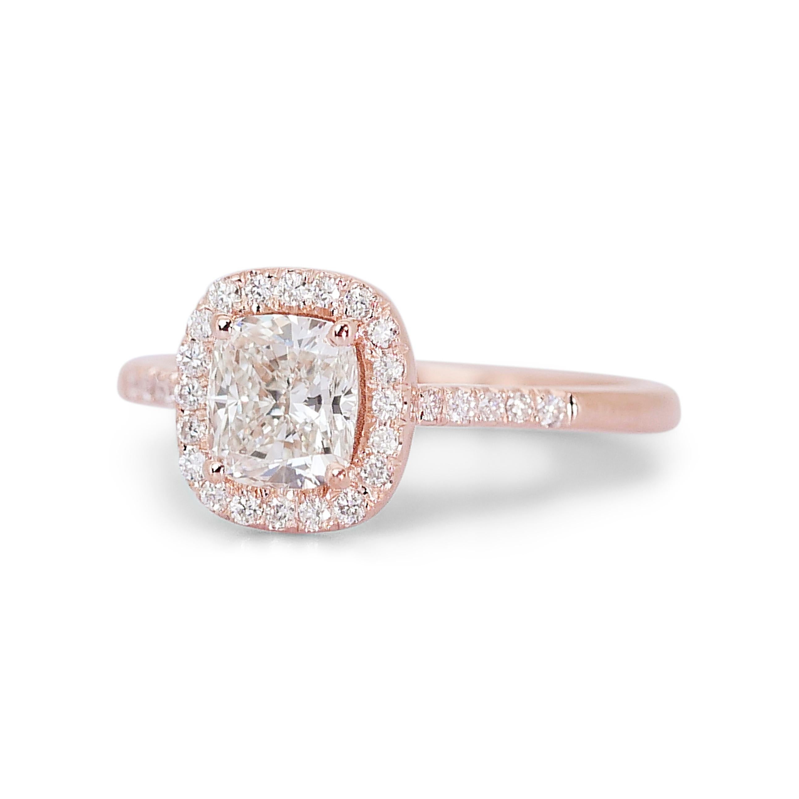 Beautiful 1.72ct Diamonds Halo Ring in 18k Rose Gold - GIA Certified

Elevate your collection with this enchanting 18k rose gold diamond halo ring. The centerpiece is a stunning 1.50ct cushion-cut diamond and a rare double excellent ideal cut,