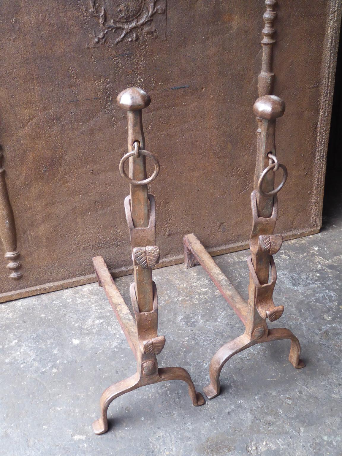 Forged Beautiful 17th-18th Century French Gothic Andirons or Firedogs For Sale