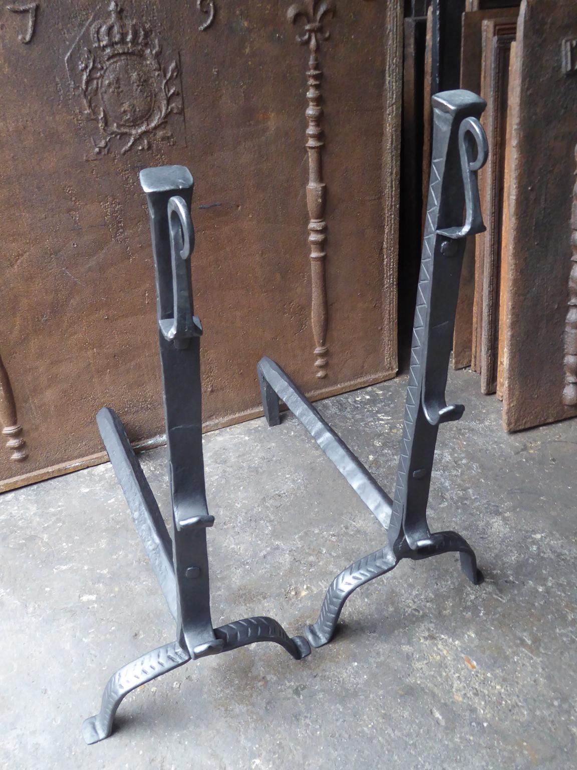 Forged Beautiful 17th-18th Century French Louis XIII Andirons or Firedogs For Sale