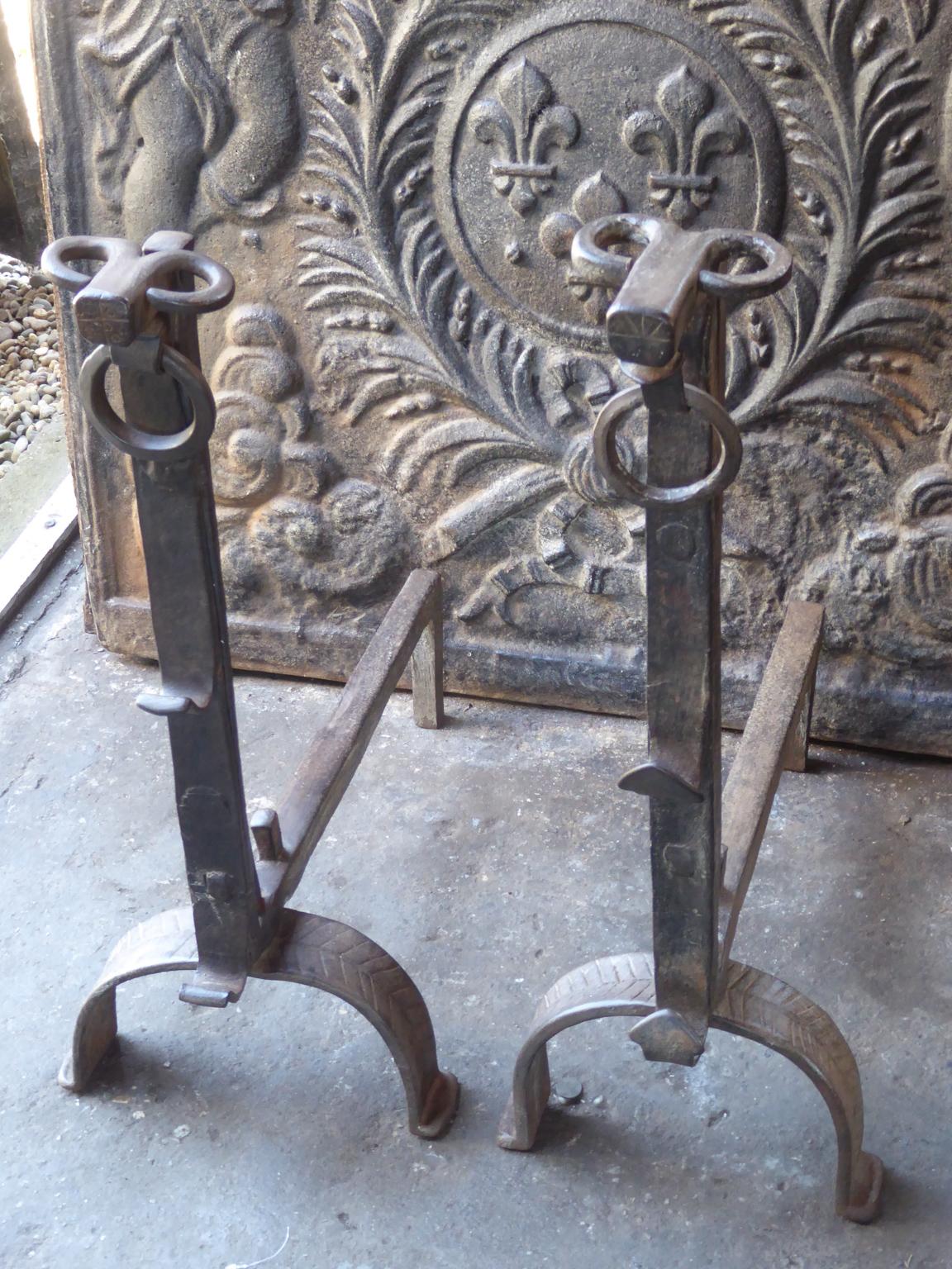 18th Century and Earlier Beautiful 17th Century French Gothic Andirons or Firedogs For Sale