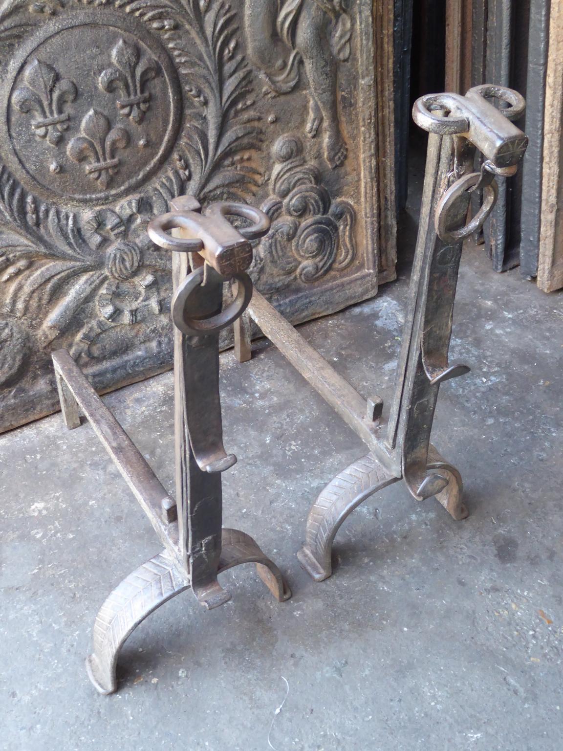 Wrought Iron Beautiful 17th Century French Gothic Andirons or Firedogs For Sale