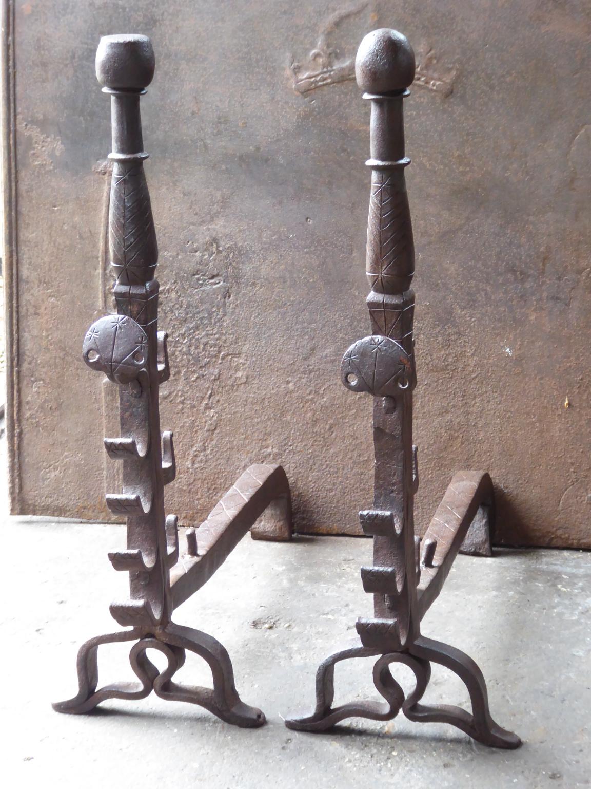 Forged Beautiful 17th Century French Louis XIII Andirons or Firedogs For Sale