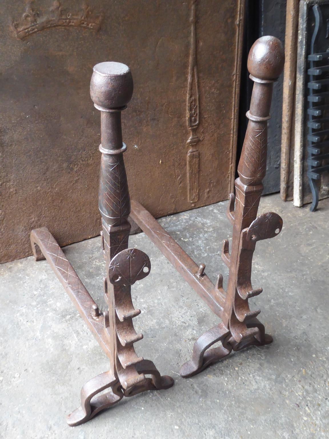 18th Century and Earlier Beautiful 17th Century French Louis XIII Andirons or Firedogs For Sale