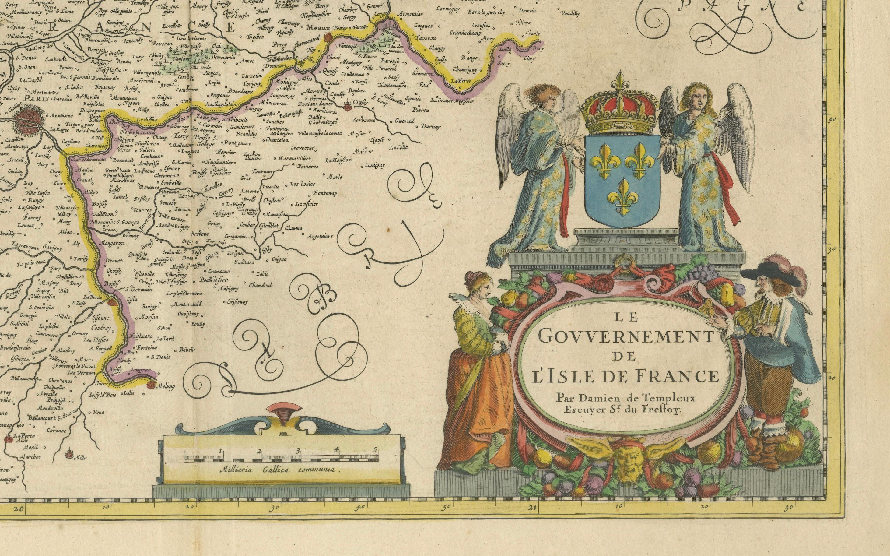 Magnifique carte de Paris et de l'île de France du 17ème siècle par Templeux, vers 1650 Bon état - En vente à Langweer, NL