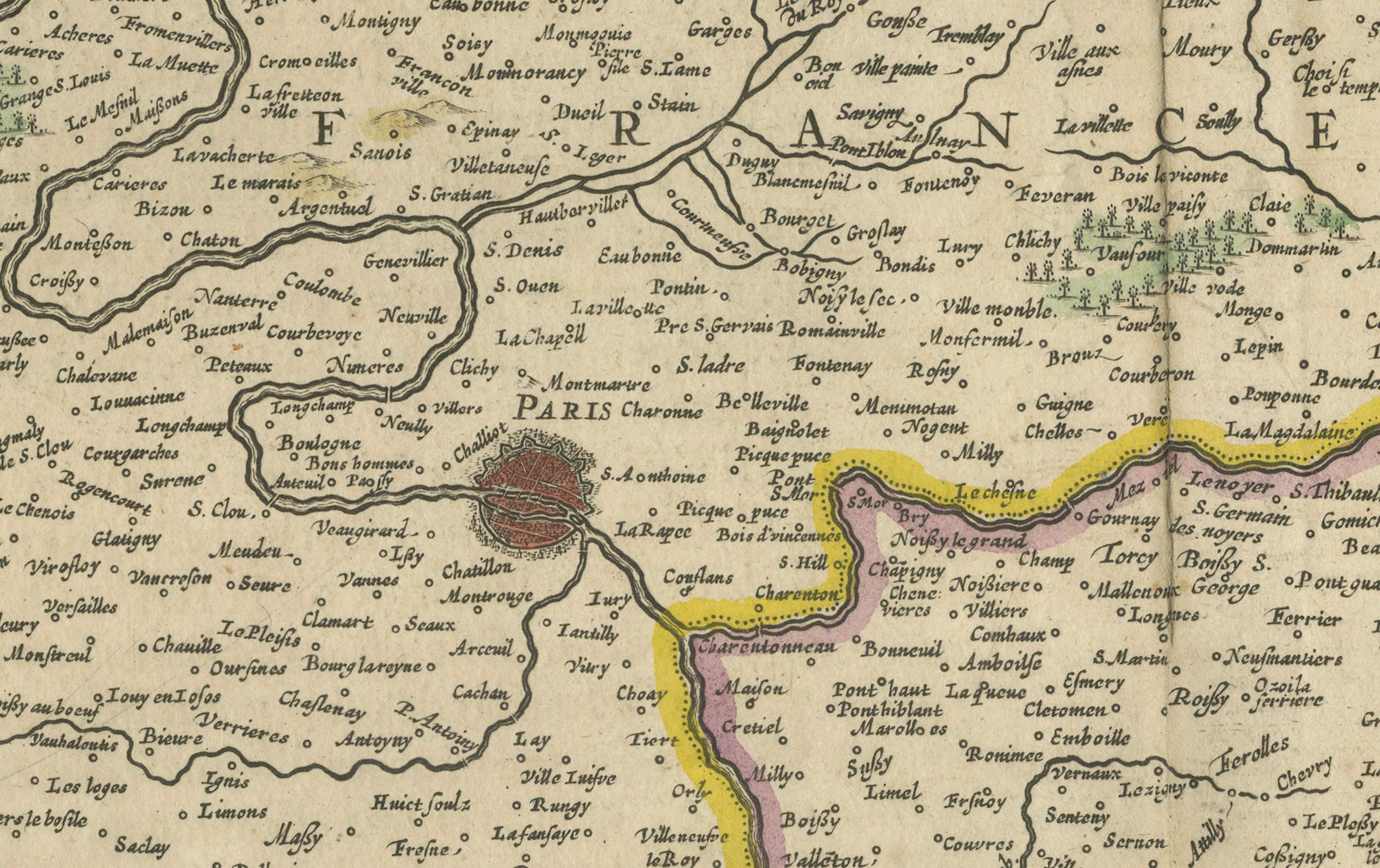 Papier Magnifique carte de Paris et de l'île de France du 17ème siècle par Templeux, vers 1650 en vente